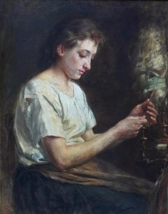 The Flax Spinner - Belgian Victorian art female portrait oil painting craftwork