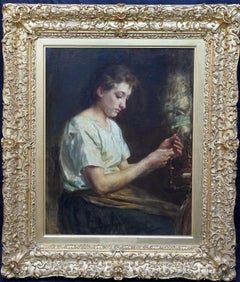 Antique The Flax Spinner - Belgian Victorian art female portrait oil painting craftwork