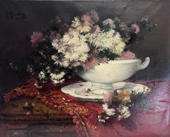 Vintage Fine 19th Century French Flower Oil Painting Large Canvas Major Listed artist