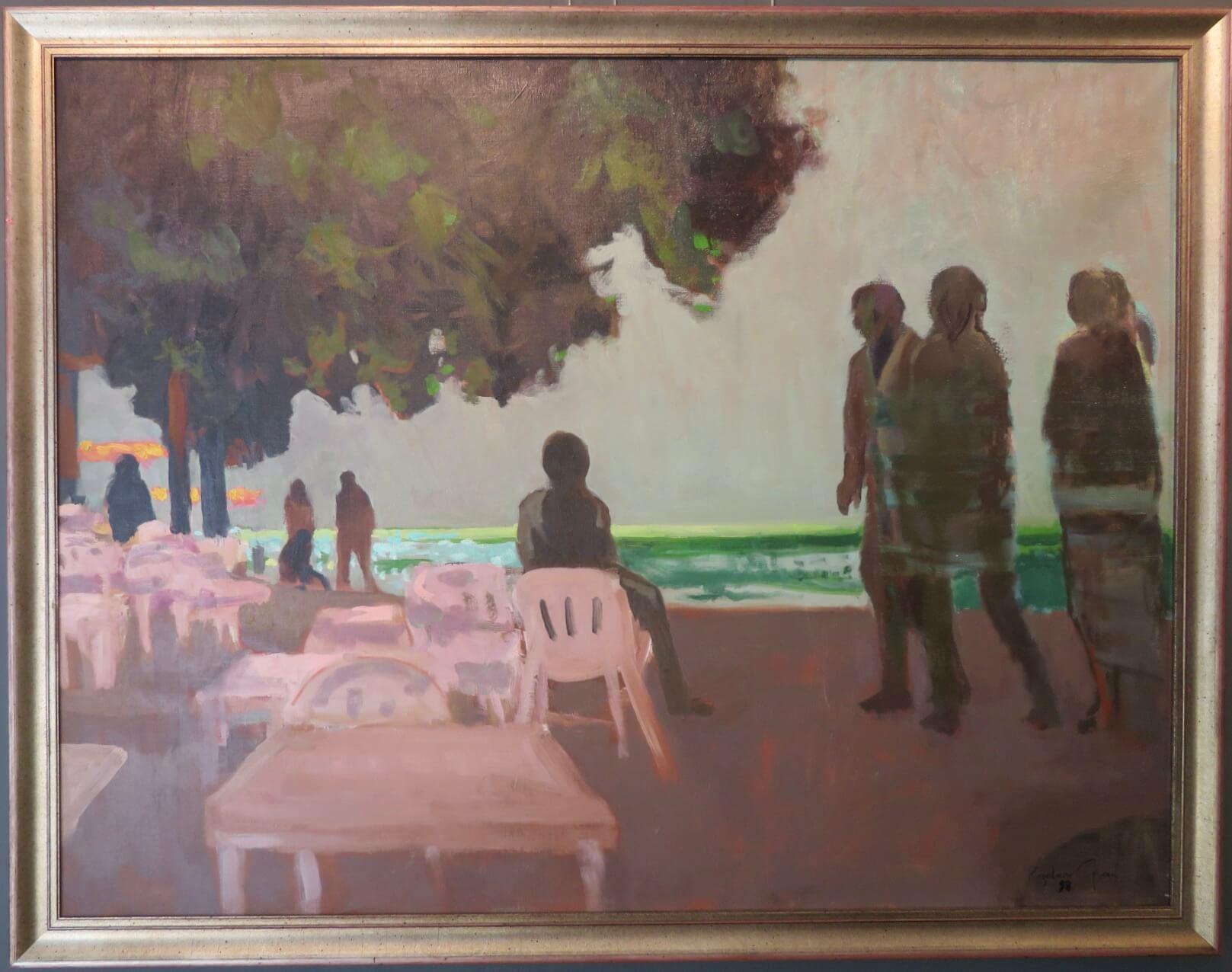 GRANDE PITTURA FRANCESE POST IMPRESSIONISTA firmata ad olio Scena di spiaggia al tramonto - Painting Espressionista di Alfred Rozelaar Green