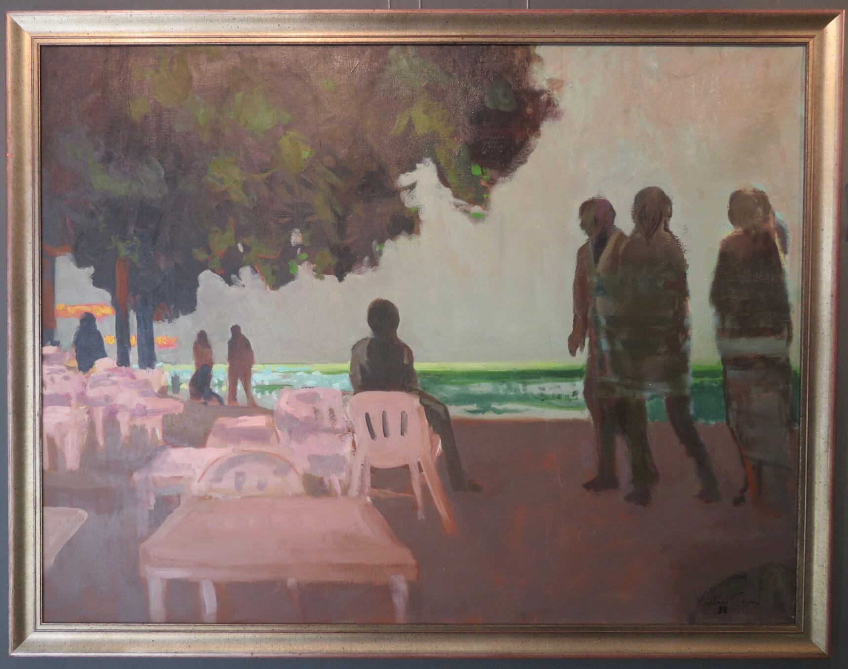 GRANDE PITTURA FRANCESE POST IMPRESSIONISTA firmata ad olio Scena di spiaggia al tramonto - Landscape Painting Grigio di Alfred Rozelaar Green