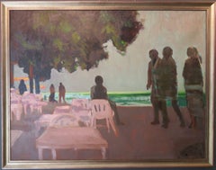 LARGE FRENCH POST IMPRESSIONIST signed OIL PAINTING Beach Scene At Sunset