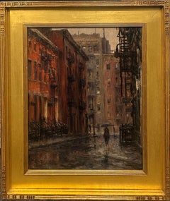Alfred S. Mira Oil Painting “Rain (Gay Street, Greenwich Village)” NYC Scene