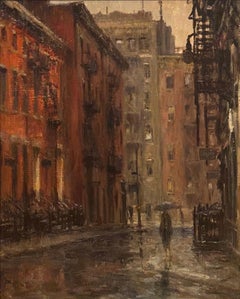 Alfred S. Mira Oil Painting “Rain (Gay Street, Greenwich Village)” NYC Scene