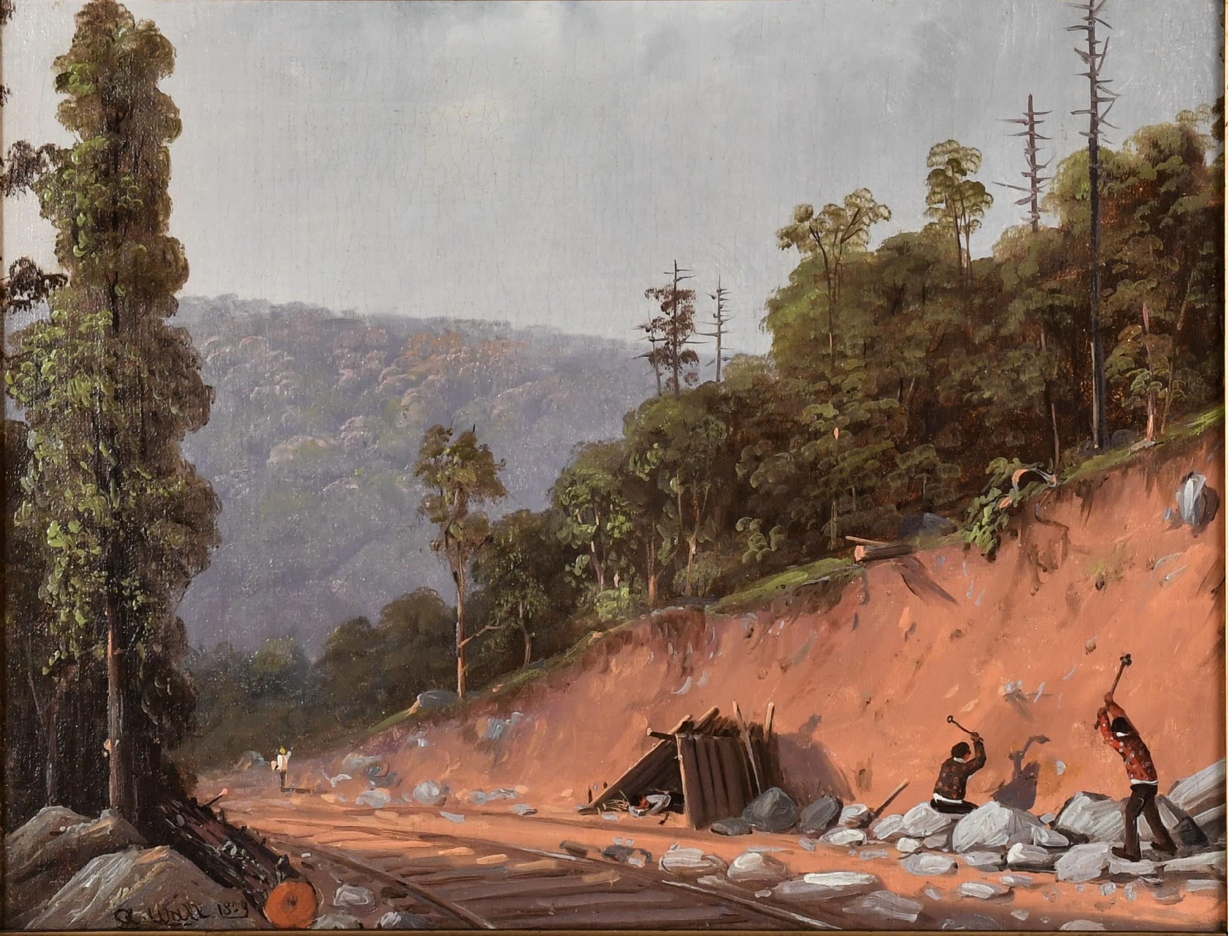 Alfred S. Wall Landscape Painting - "Building the Allegheny Railroad, Pennsylvania" Alfred Wall, Scalp Level School