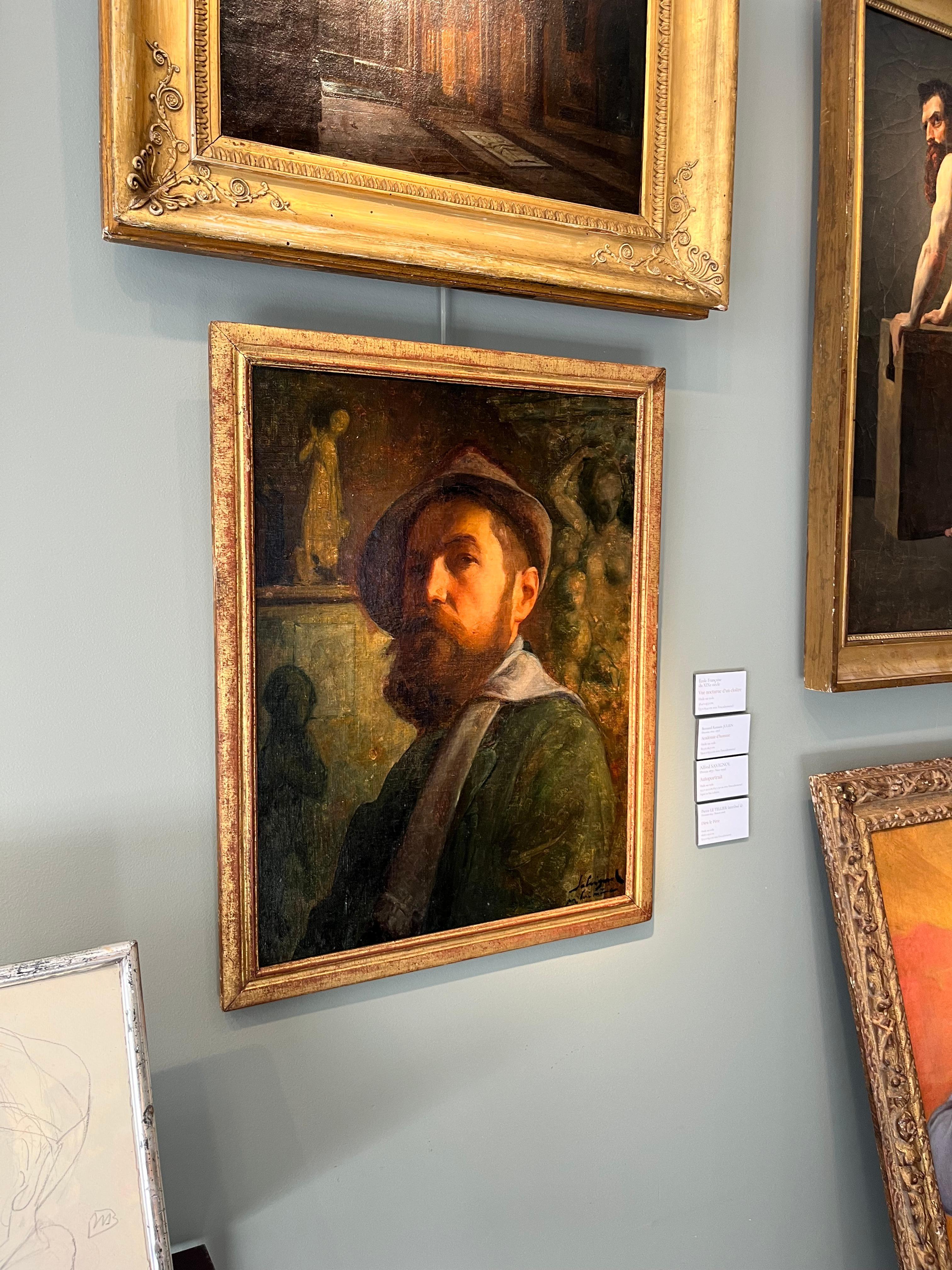 Self-Portrait des Bildhauers (Schwarz), Figurative Painting, von Alfred Savignol