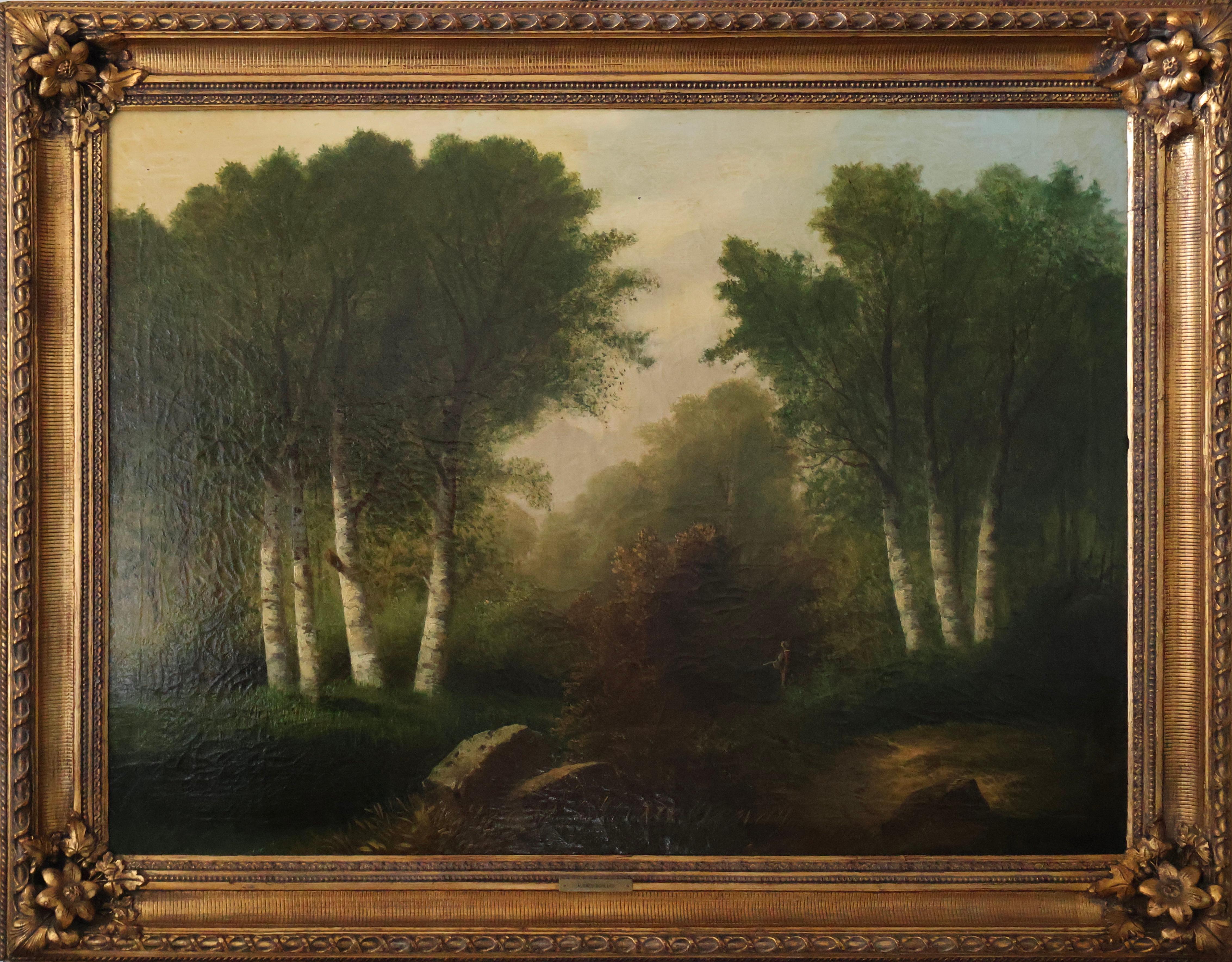 „Landschaft ohne Titel“ von Alfred Schlugg; gerahmt, 36,5" x 46,75" x 4"; Grüntöne, Braun
