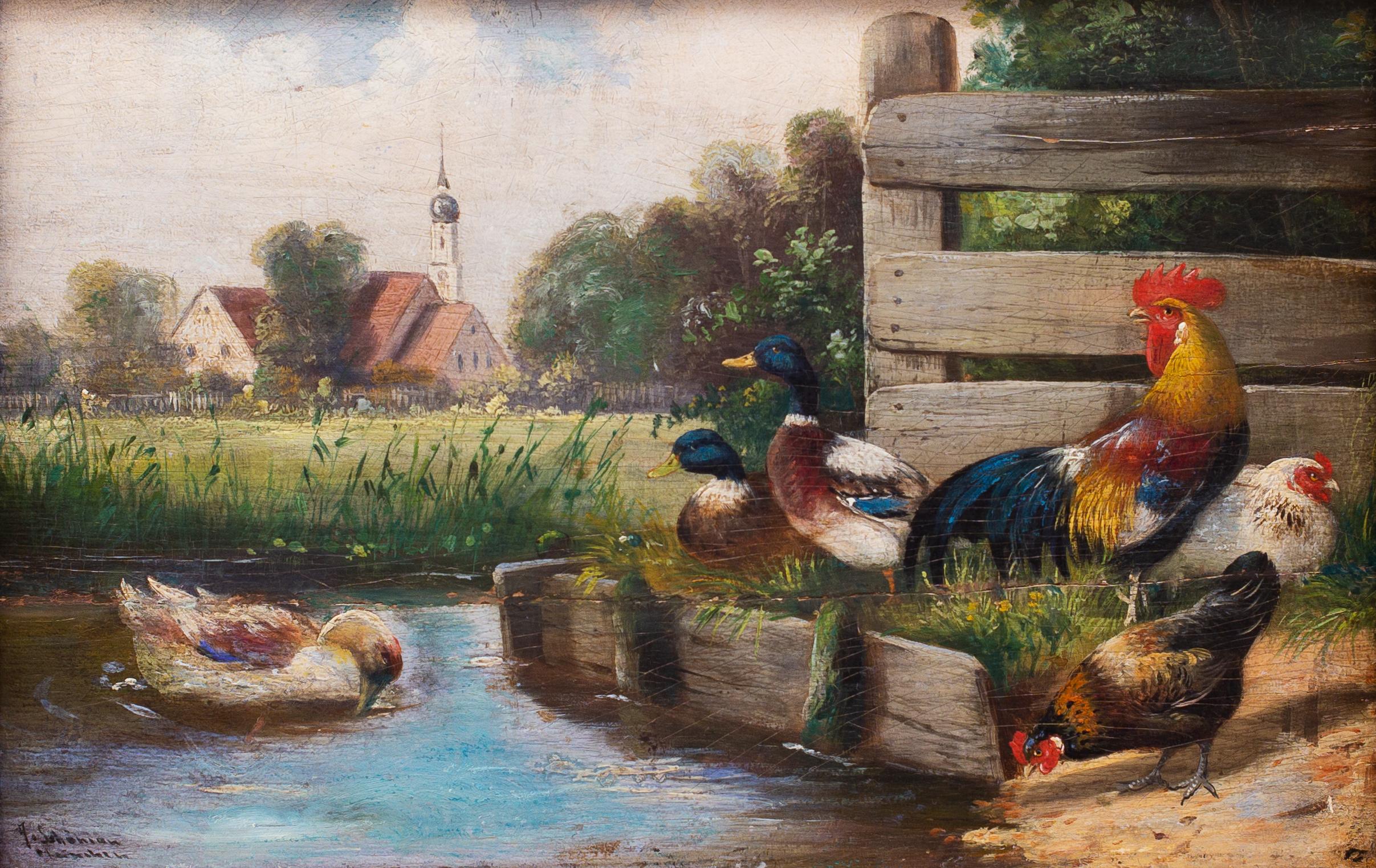 Coq avec poules et canards près d'un étang par l'artiste allemand Alfred Schönian en vente 1