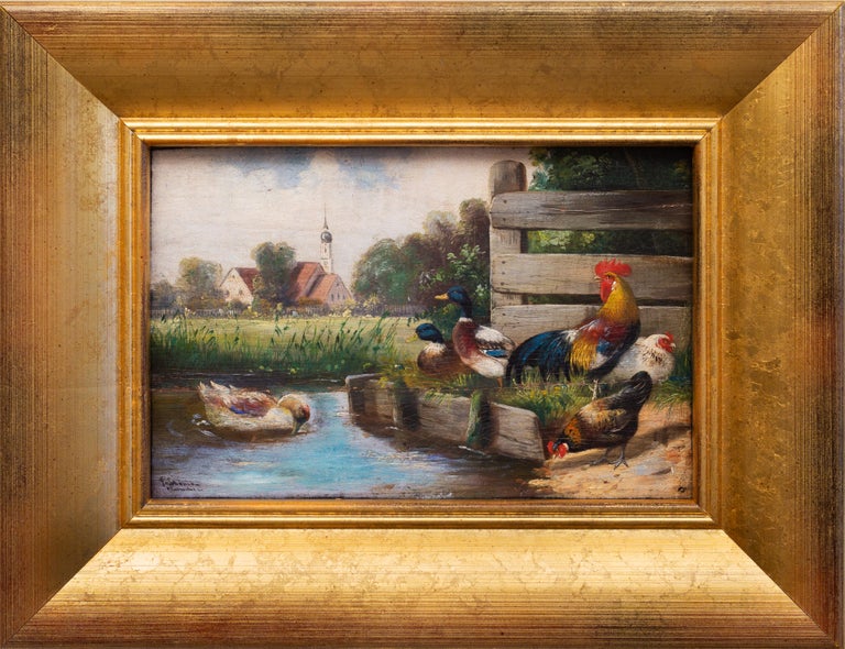 Alfred Schönian „Rooster mit Henkeln und Enten auf einem Teich von