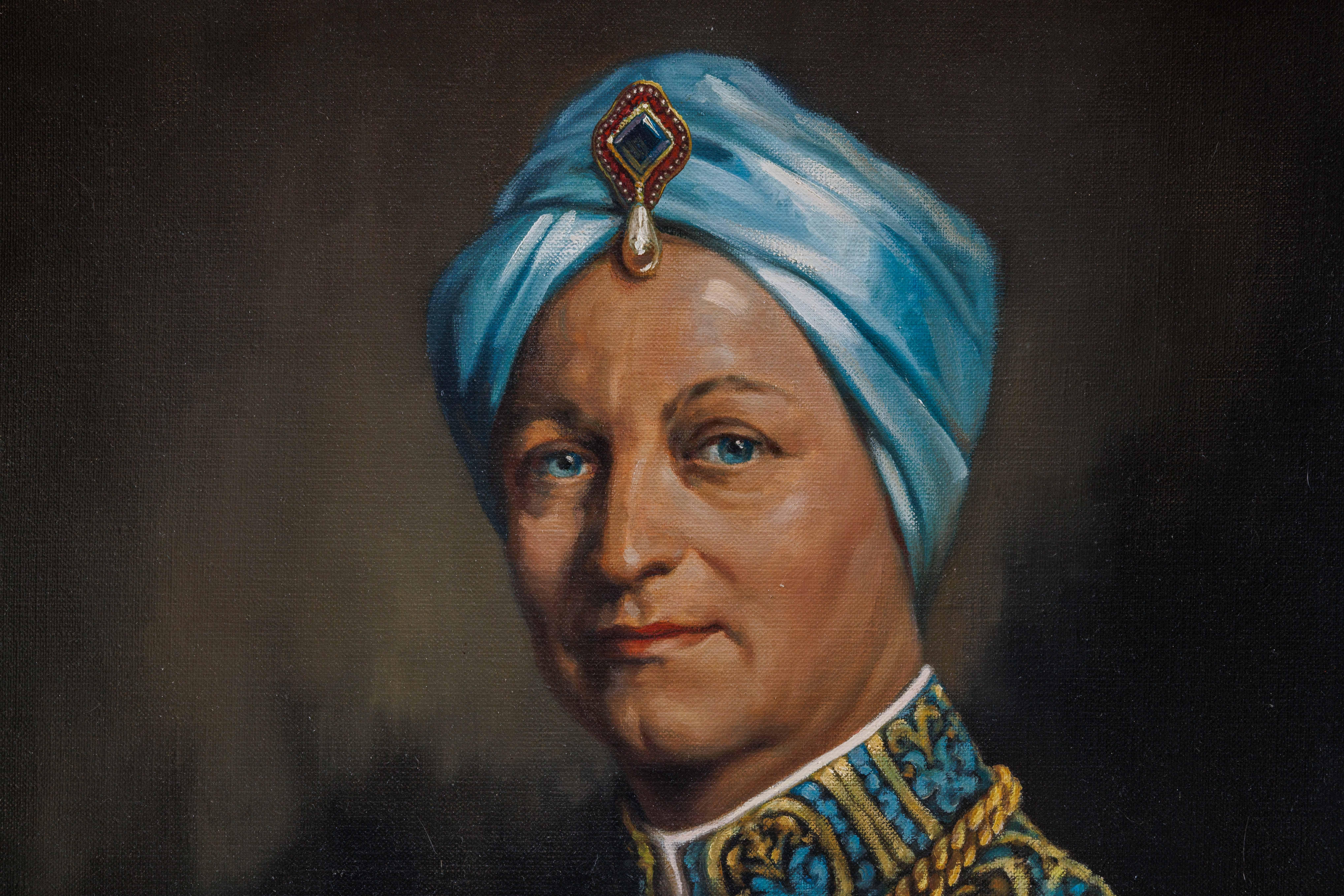 Un magnifico ritratto olio su tela di un gentiluomo europeo vestito da Maharaja - Painting di Alfred Schollaert