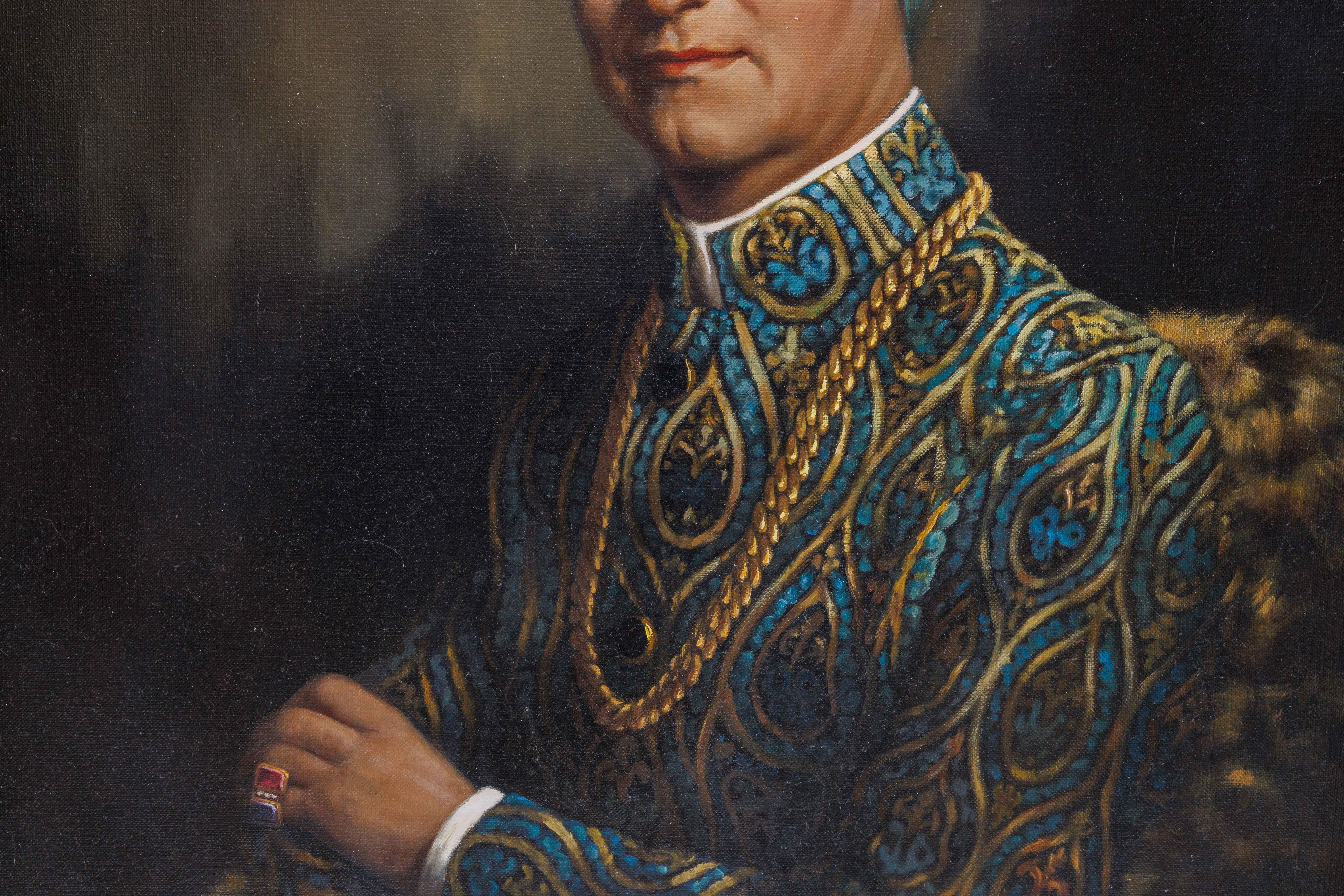 Un magnifico ritratto olio su tela di un gentiluomo europeo vestito da Maharaja - Portrait Painting Nero di Alfred Schollaert