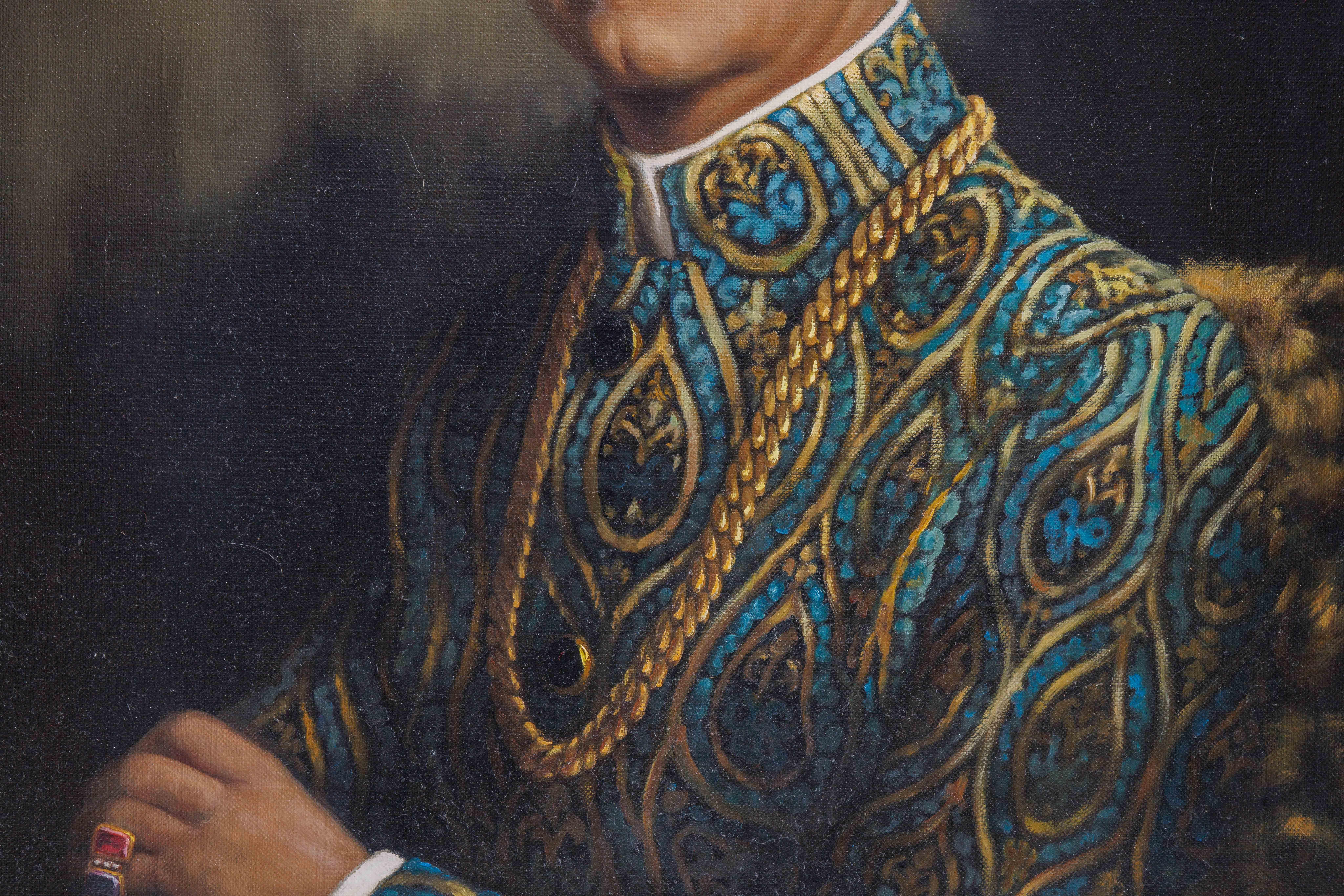 Un magnifico ritratto olio su tela di un gentiluomo europeo vestito da Maharaja 2