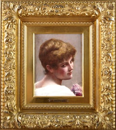 Antique 19th Century portrait oil painting of a young woman with a rose