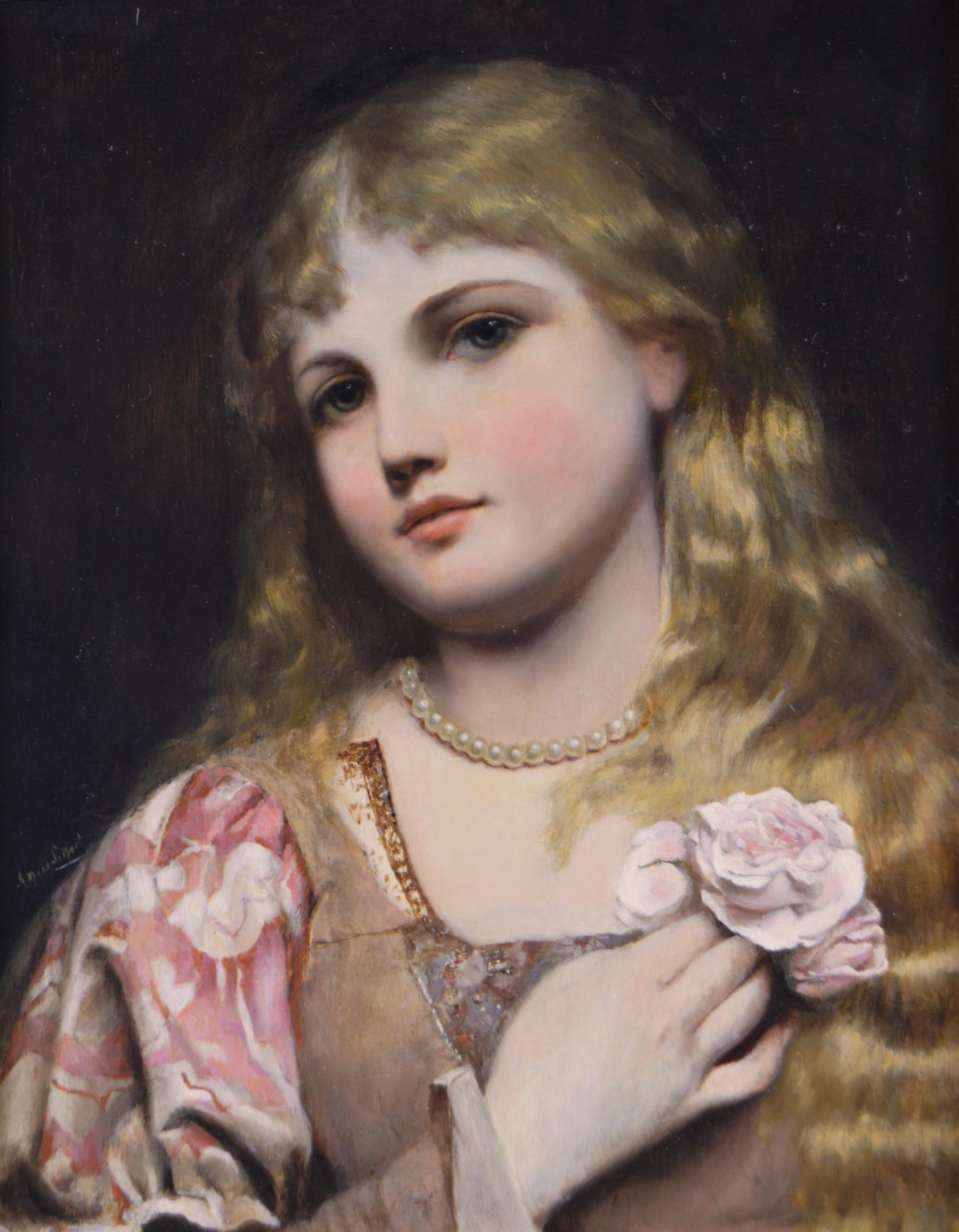 19th Century portrait oil painting of a young woman with pearls & a rose - Painting by Alfred Seifert