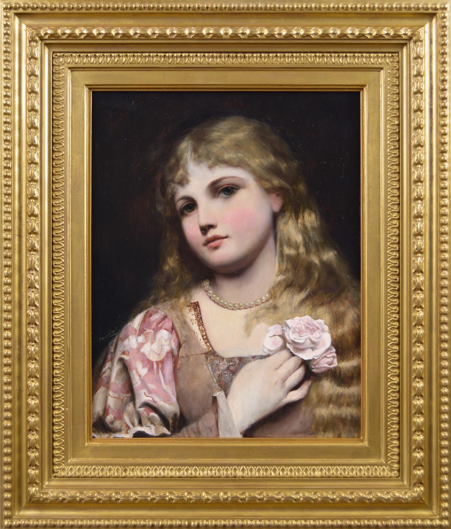 19th Century portrait oil painting of a young woman with pearls & a rose