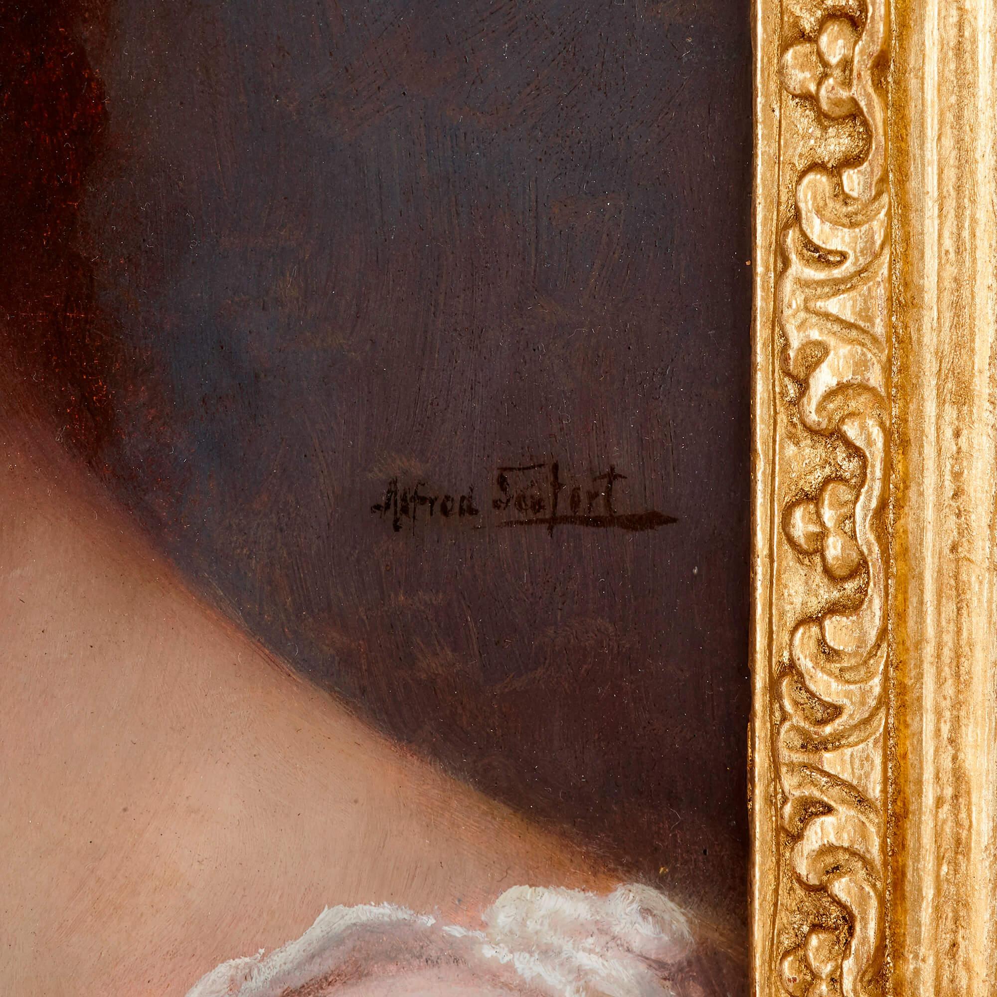 Antique portrait of a lady in oil paint by Seifert - Naturalistic Painting by Alfred Seifert
