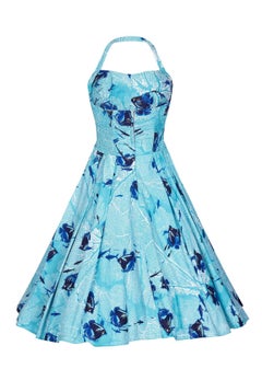 Alfred Shaheen 1950s Aquamarine Hawaiian Cotton Sundress With Novelty Fish Print