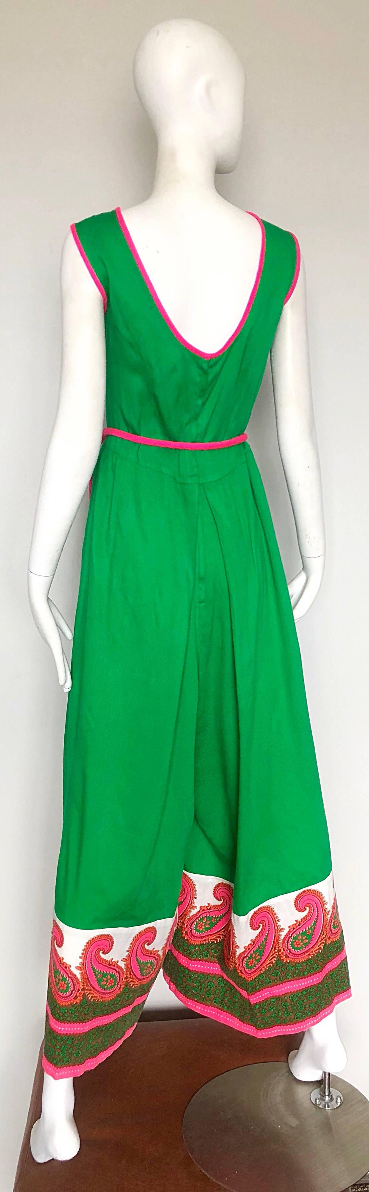 Alfred Shaheen 1960s Large Size Kelly Green + Pink Vintage 60s Palazzo Jumpsuit In Excellent Condition In San Diego, CA