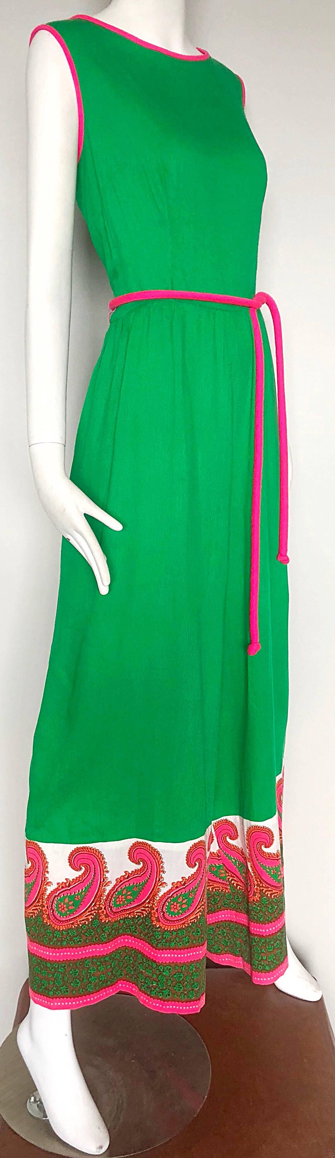 Women's Alfred Shaheen 1960s Large Size Kelly Green + Pink Vintage 60s Palazzo Jumpsuit