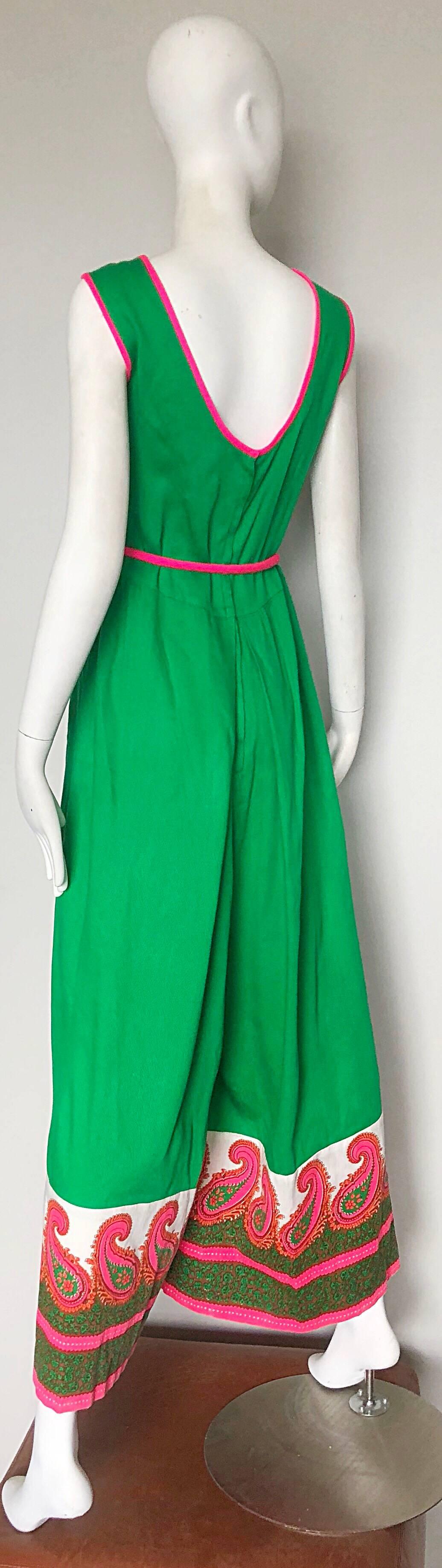 Alfred Shaheen 1960s Large Size Kelly Green + Pink Vintage 60s Palazzo Jumpsuit 1