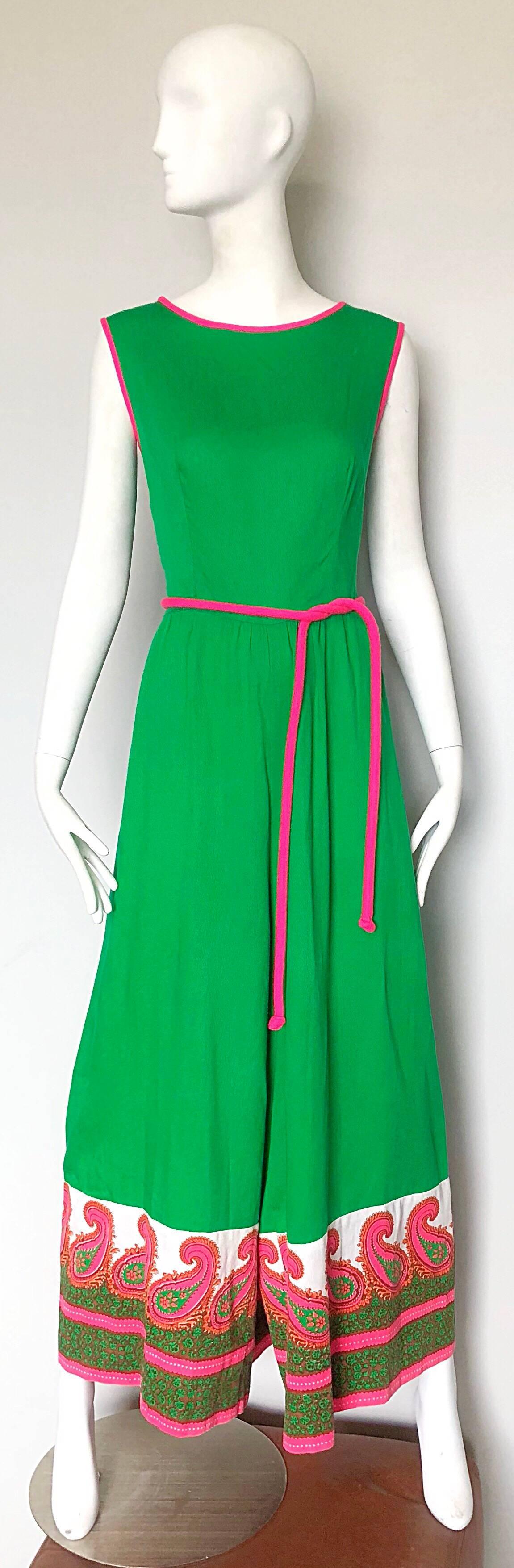 Alfred Shaheen 1960s Large Size Kelly Green + Pink Vintage 60s Palazzo Jumpsuit 2