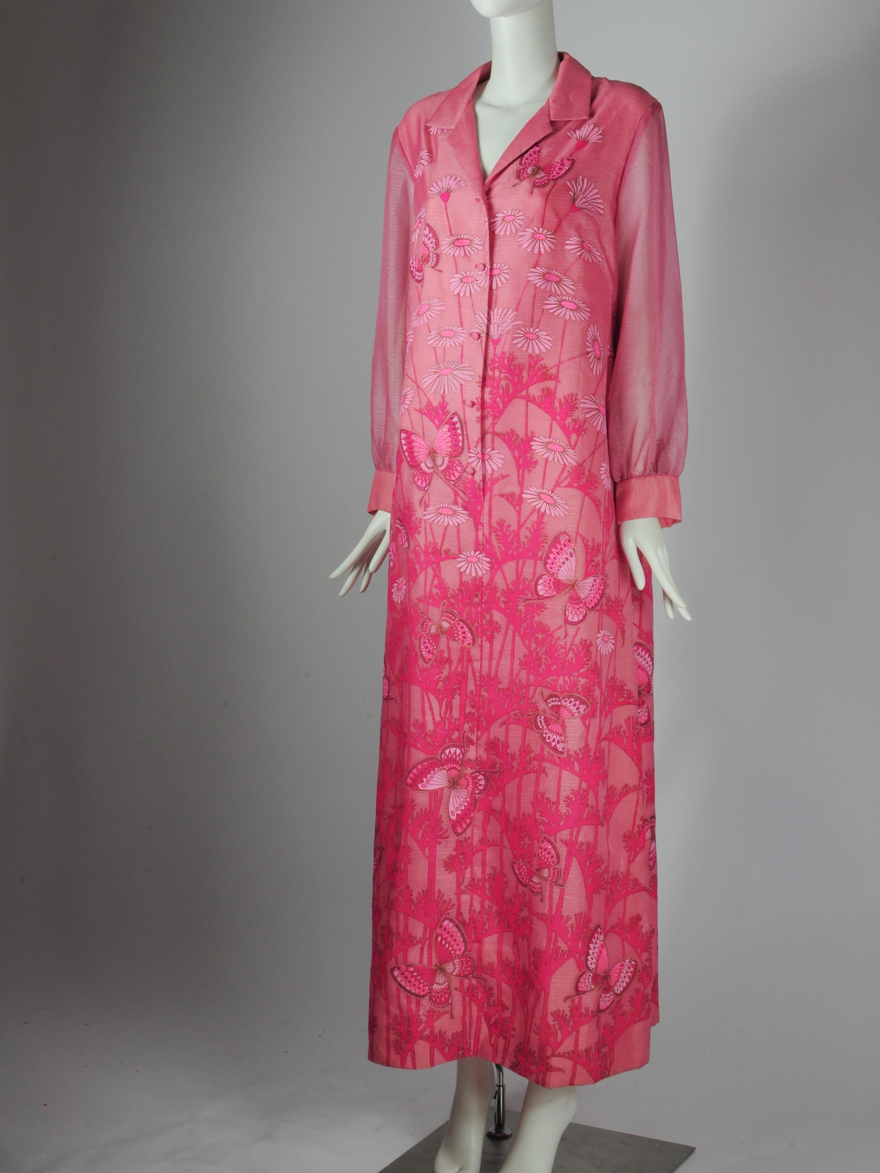 Alfred Shaheen Hawaii California Maxi Dress with Butterfly Floral Print in Pink For Sale 9