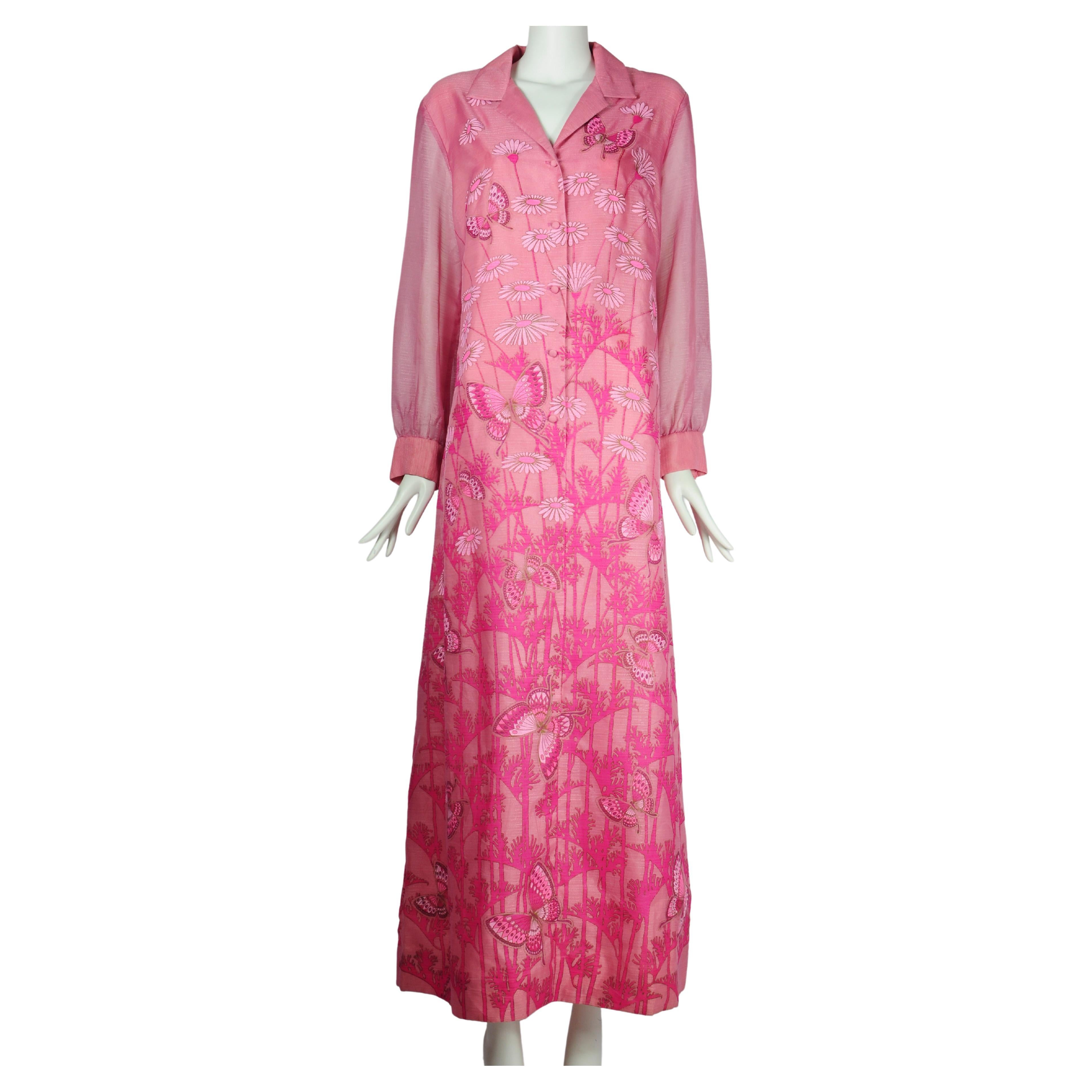 Alfred Shaheen Hawaii California Maxi Dress with Butterfly Floral Print in Pink  For Sale