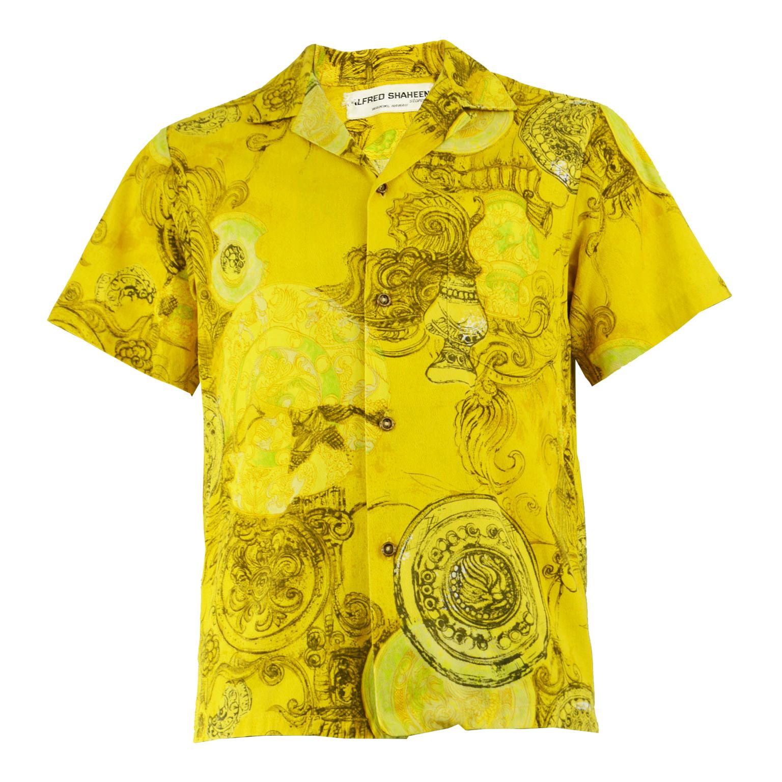 Alfred Shaheen Rare Men's 1960s Vintage Yellow Cotton Hawaiian Shirt For Sale