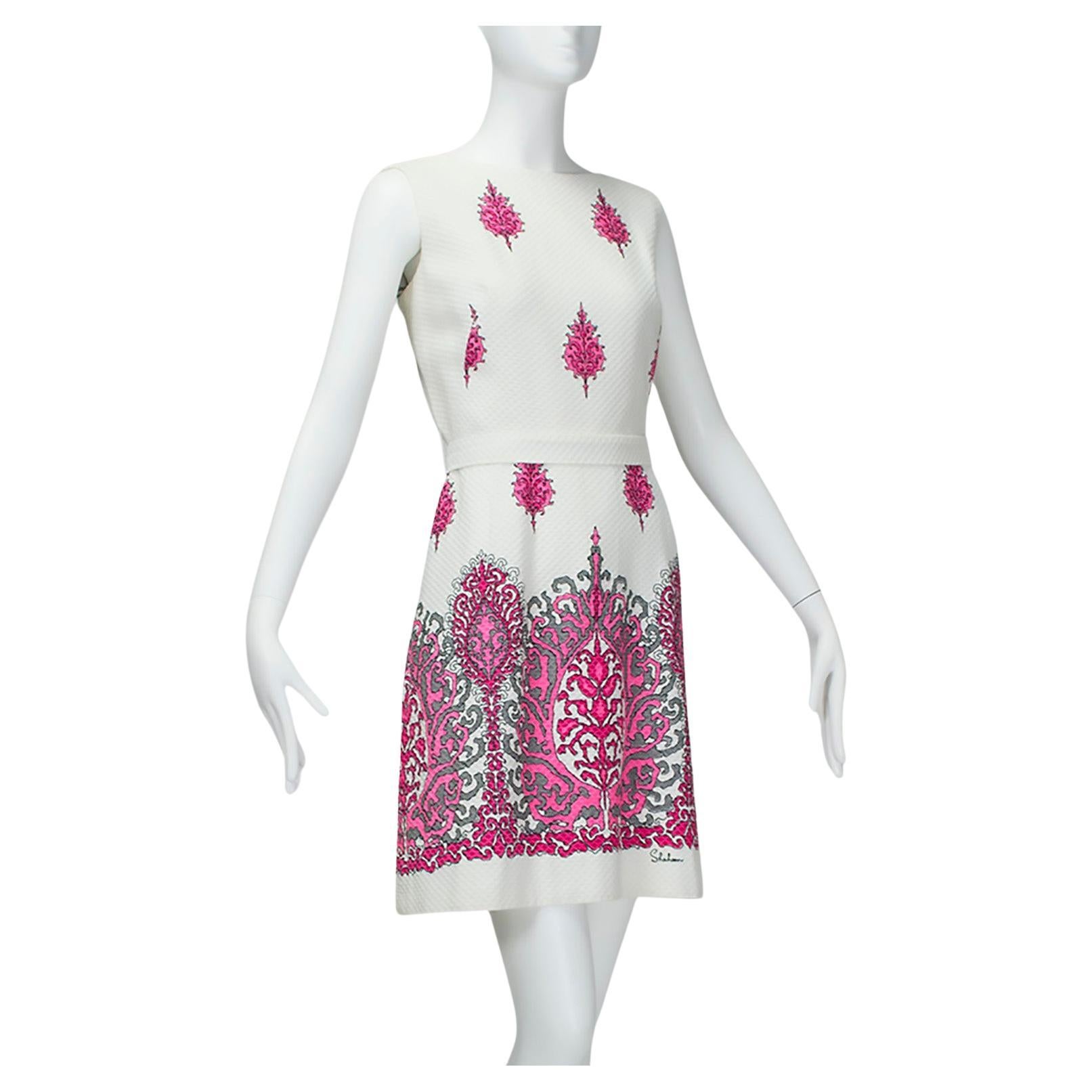 Alfred Shaheen Textured Cutout White and Pink Painted Mini Dress - M, 1960s For Sale