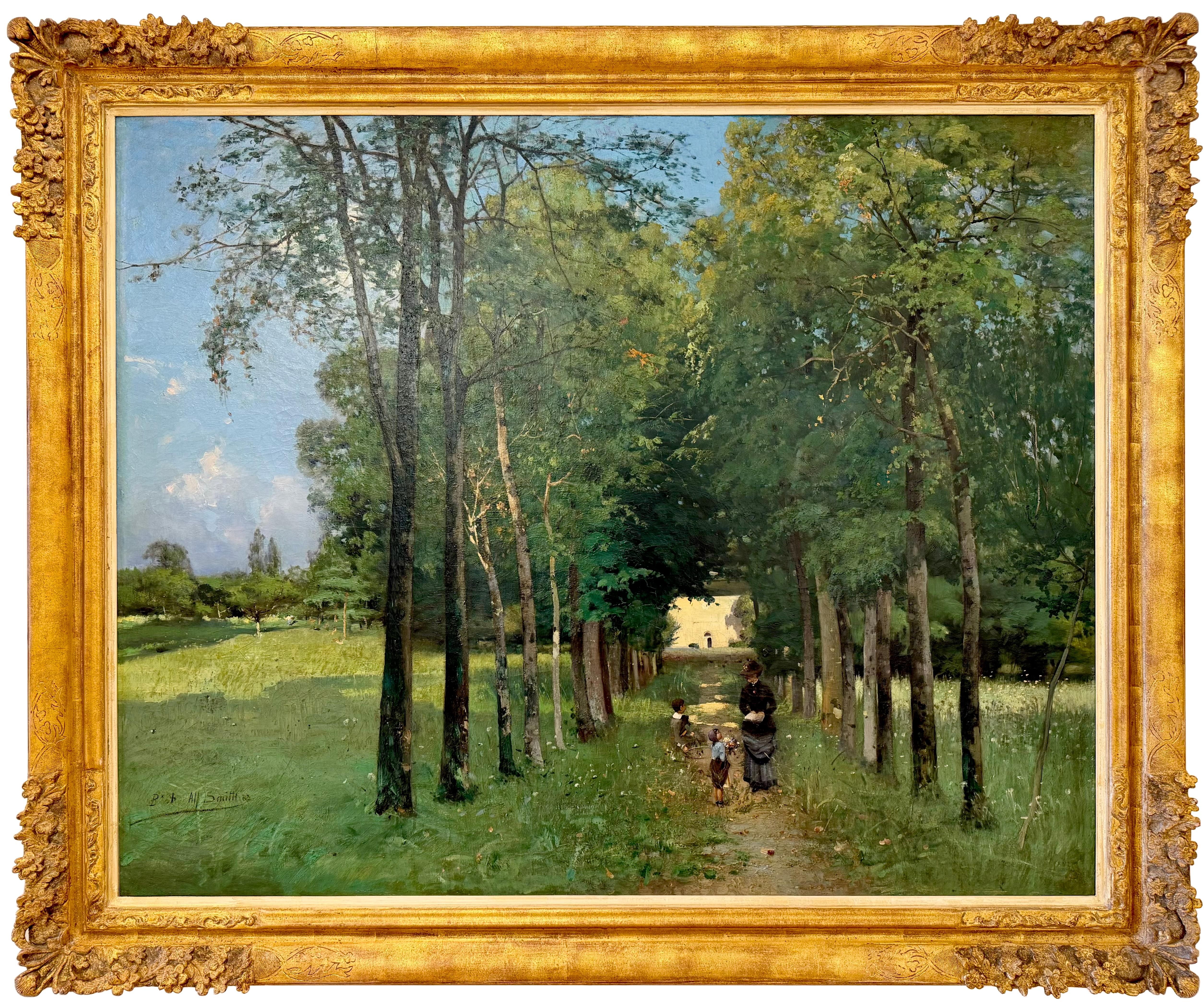 Alfred Smith
Bordeaux 1854 – 1936 Paris
French Painter


Mother with Children on a Wooded Path in Bordeaux


Signature: signed lower left and dated 1883 
Alf Smith 83

Medium: oil on canvas
Dimensions: image size 98 x 122 cm, frame size 118 x 142
