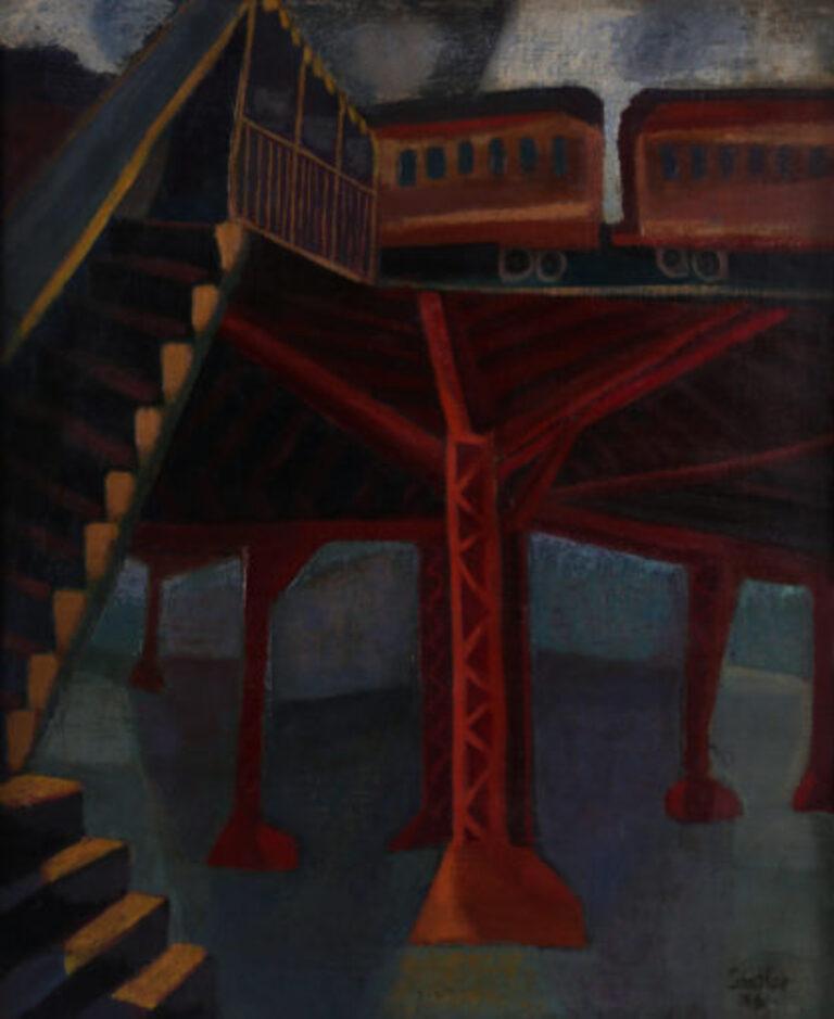 Alfred Statler Figurative Painting - Elevated Train Bridge In NYC