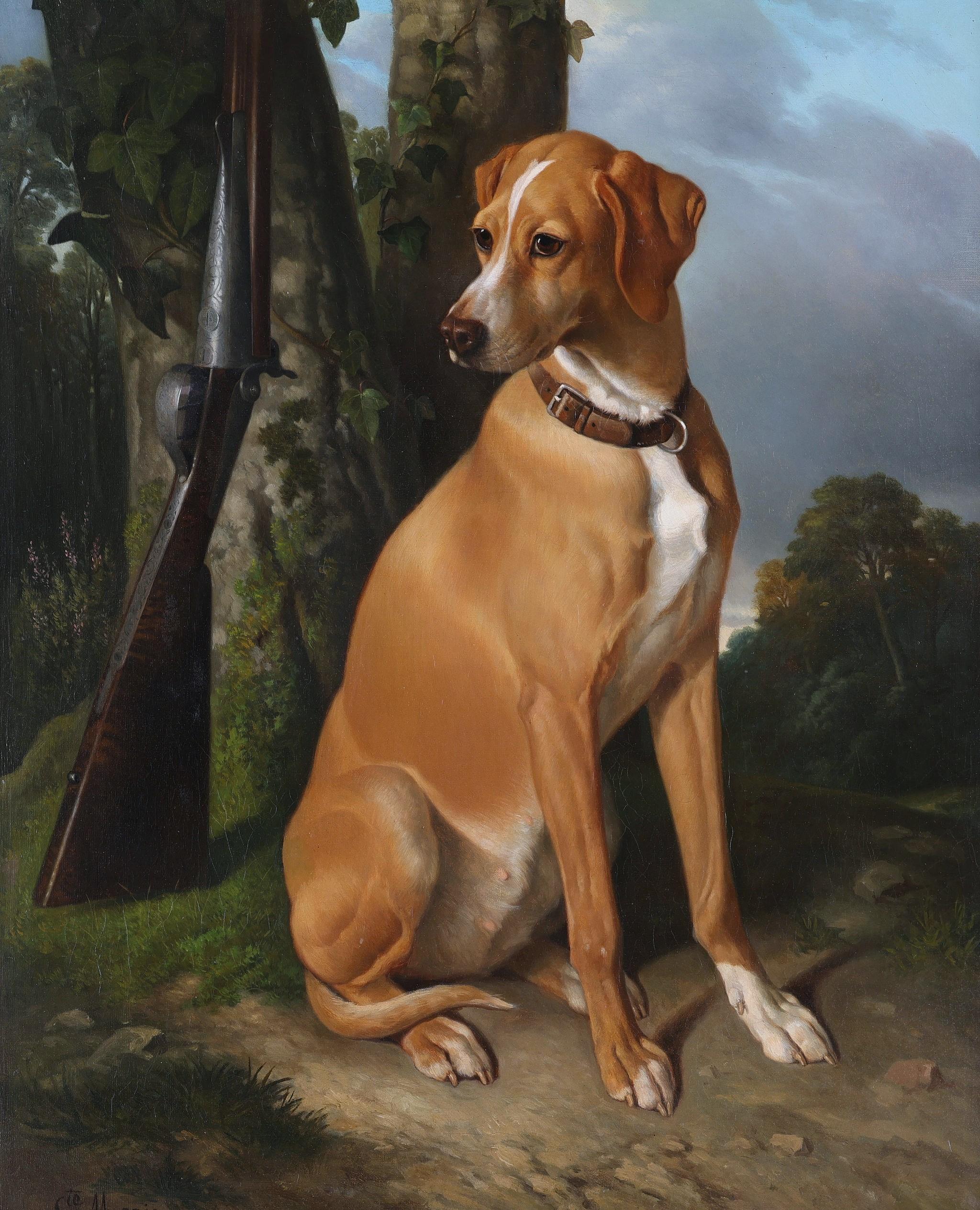 A Portugese Pointer - A Dog by his Master's Gun - Painting by Alfred Ste. Marie