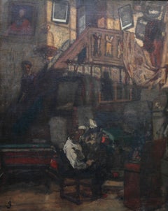 Self Portrait in Studio - British art 19th Century interior oil painting