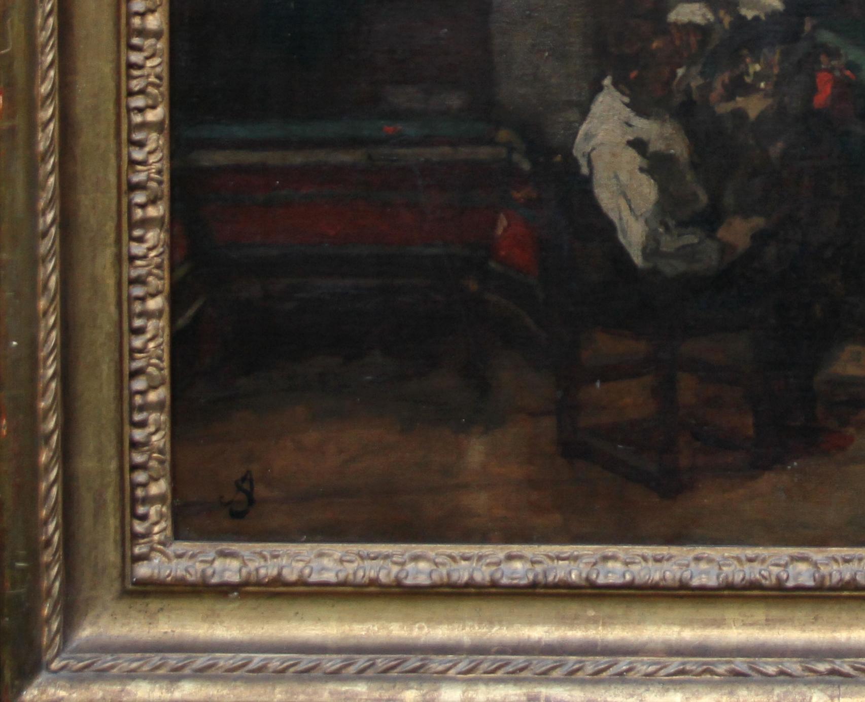 Une belle peinture à l'huile d'intérieur datant d'environ 1870, réalisée par l'artiste Alfred Stevens. Il s'agit d'une superbe peinture impressionniste britannique qui représente l'artiste dans son atelier devant un tableau sur lequel il travaille.