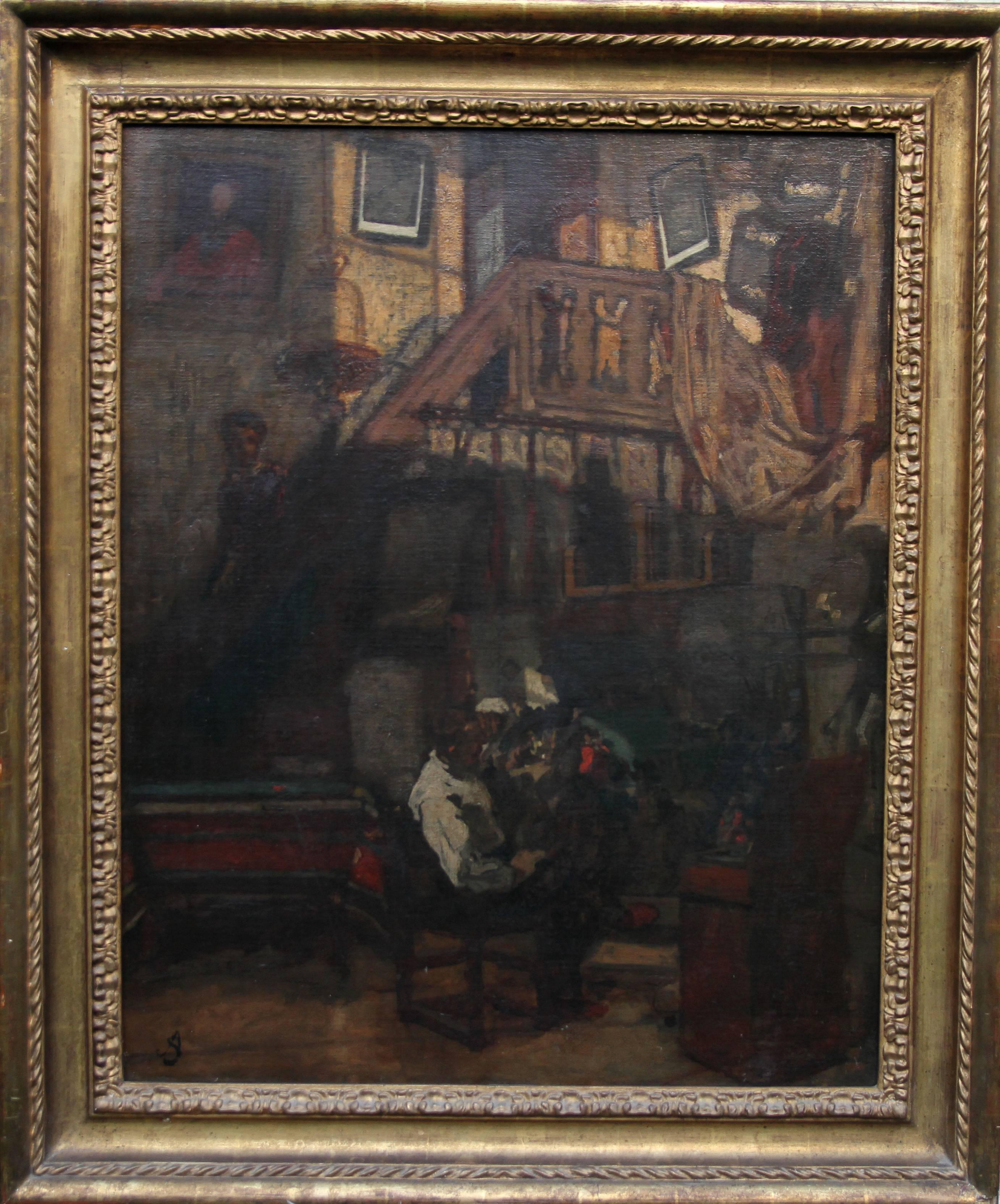 Alfred Stevens Portrait Painting - Self Portrait in Studio - British art 19th Century interior oil painting 