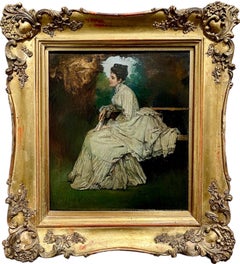 19th century French Romantic painting - Elegant lady in a park