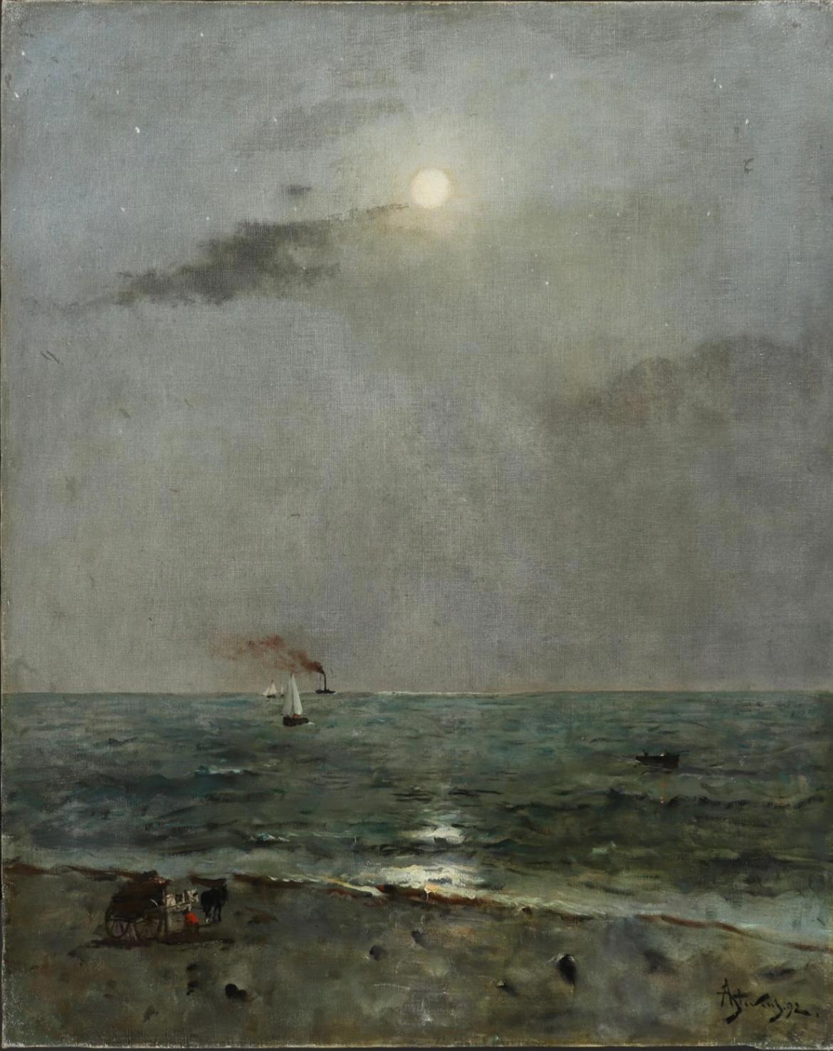 Alfred Stevens,  Brussels 1823 – 1906 Paris, Belgian, 'Clair de Lune sur la Mer' For Sale 1