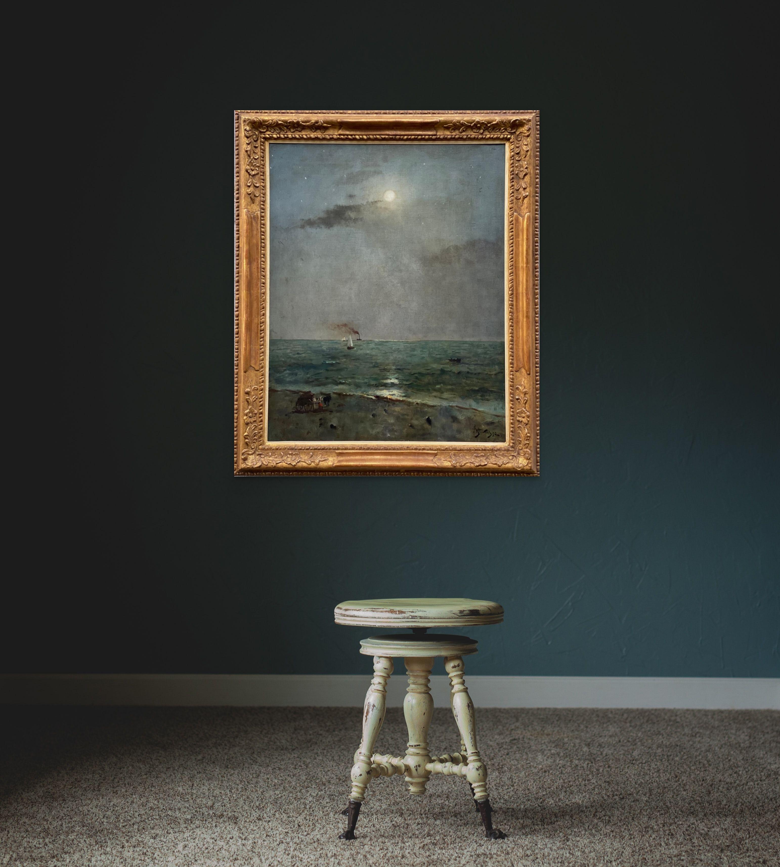 Alfred Stevens,  Brussels 1823 – 1906 Paris, Belgian, 'Clair de Lune sur la Mer' For Sale 2