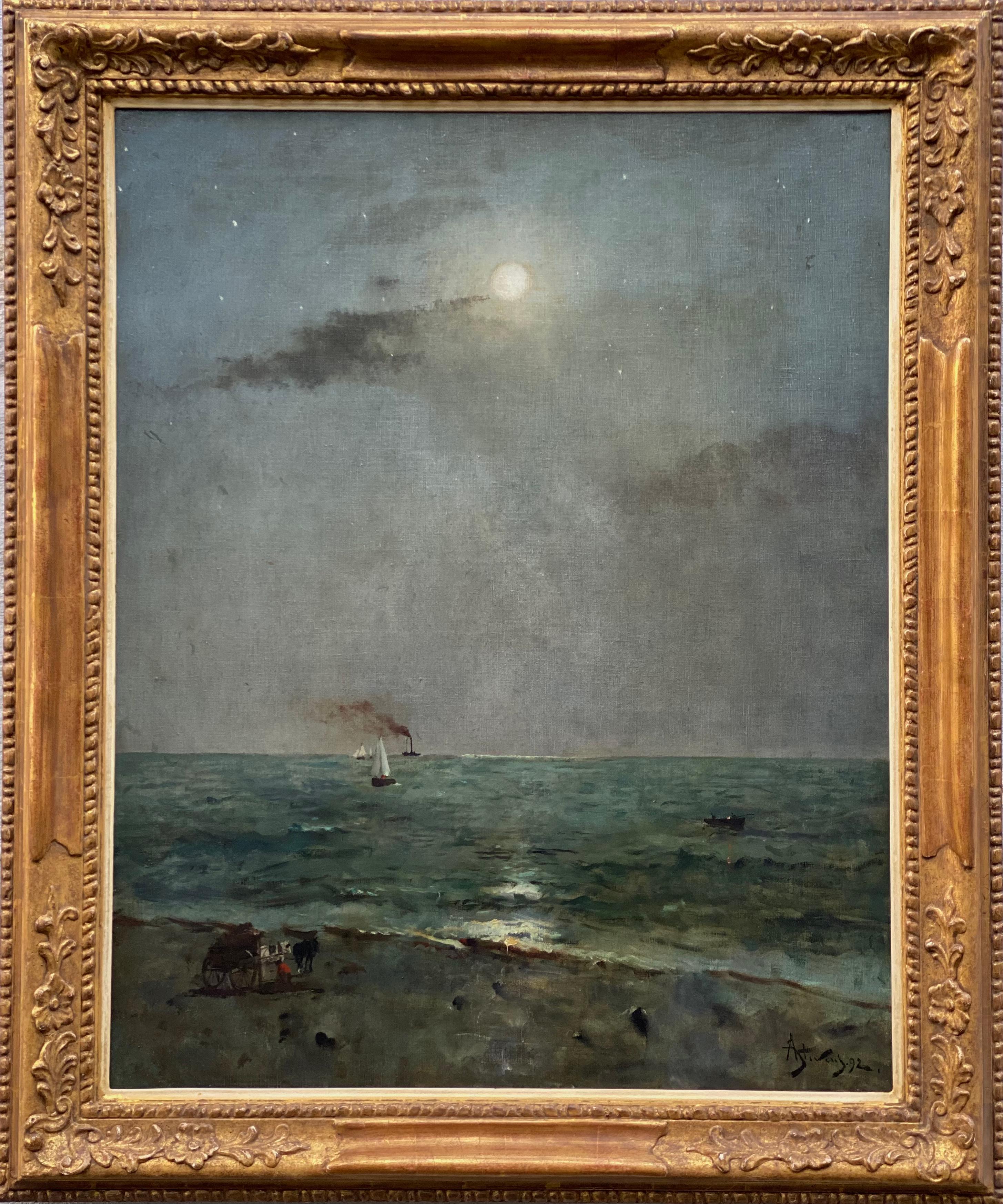Stevens Alfred
Bruxelles 1823 - 1906 Paris
Peintre belge

Clair de Lune sur la Mer
Signature : Signée en bas à droite et datée 92
Médium : Huile sur toile
Dimensions : Taille de l'image 81 x 65 cm, taille du cadre 97,50 x 81,50 cm

Provenance : 
-