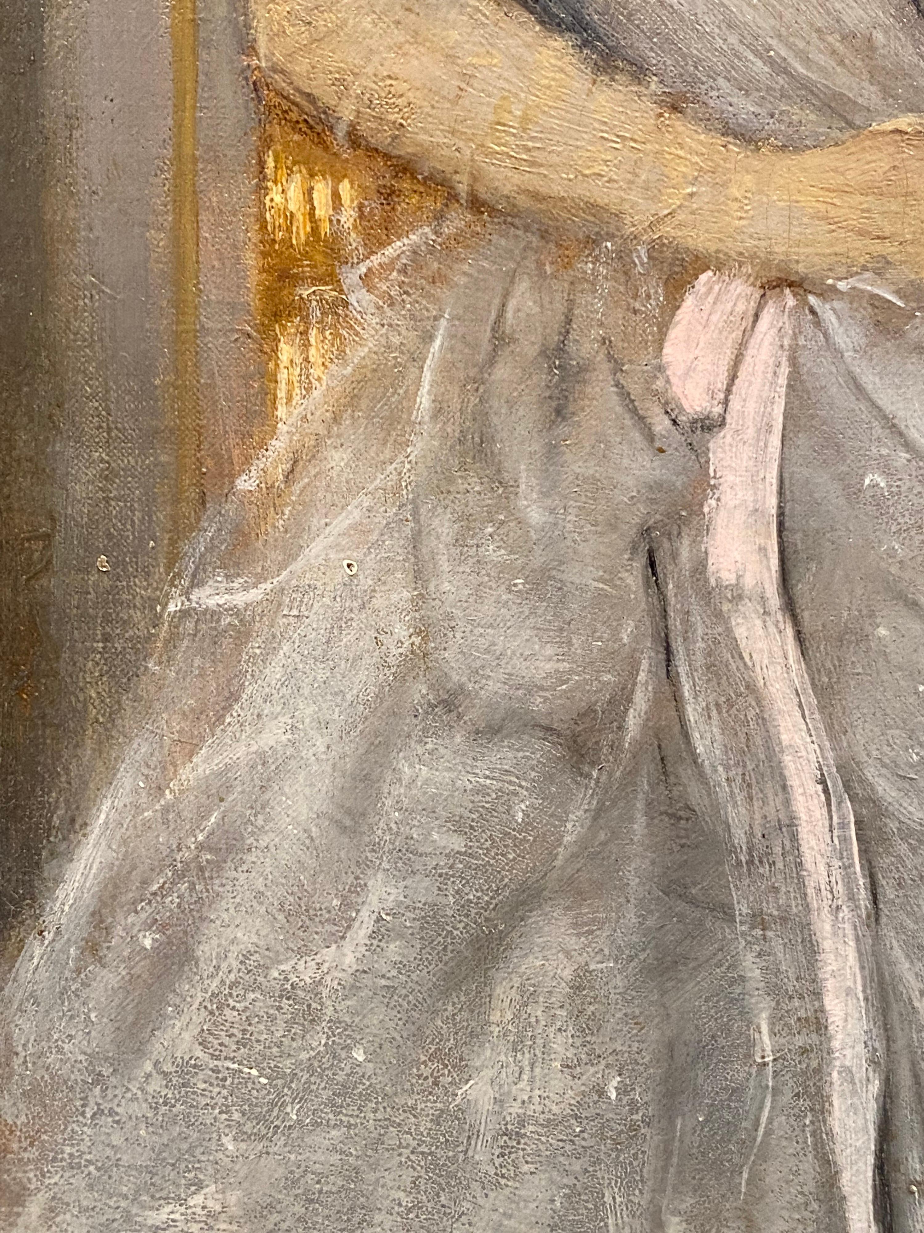 19th century French romantic oil painting of a belle epoque interior

This very fine painting depicts two elegantly dressed ladies in a typical belle epoque interior. A young woman in a luxuriously shimmering gown is sitting to the left, an