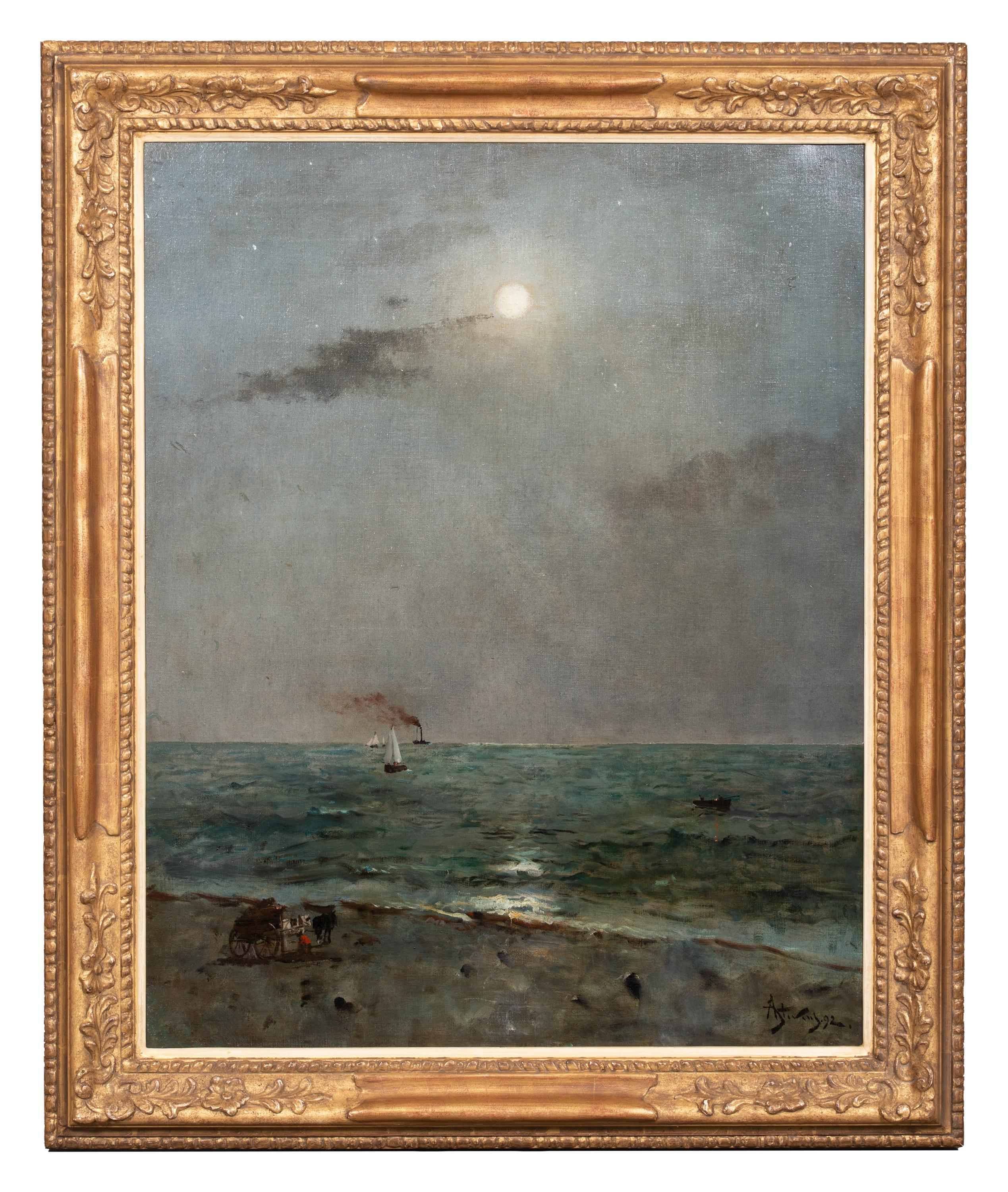 Alfred Stevens
Bruxelles 1823 - 1906 Paris
Peintre belge

Clair de lune sur la mer

Signature : signée en bas à droite et datée 1892 "A Stevens 92".
Support : huile sur toile
Dimensions : taille de l'image 81 x 65 cm, taille du cadre 97,5 x 81,5