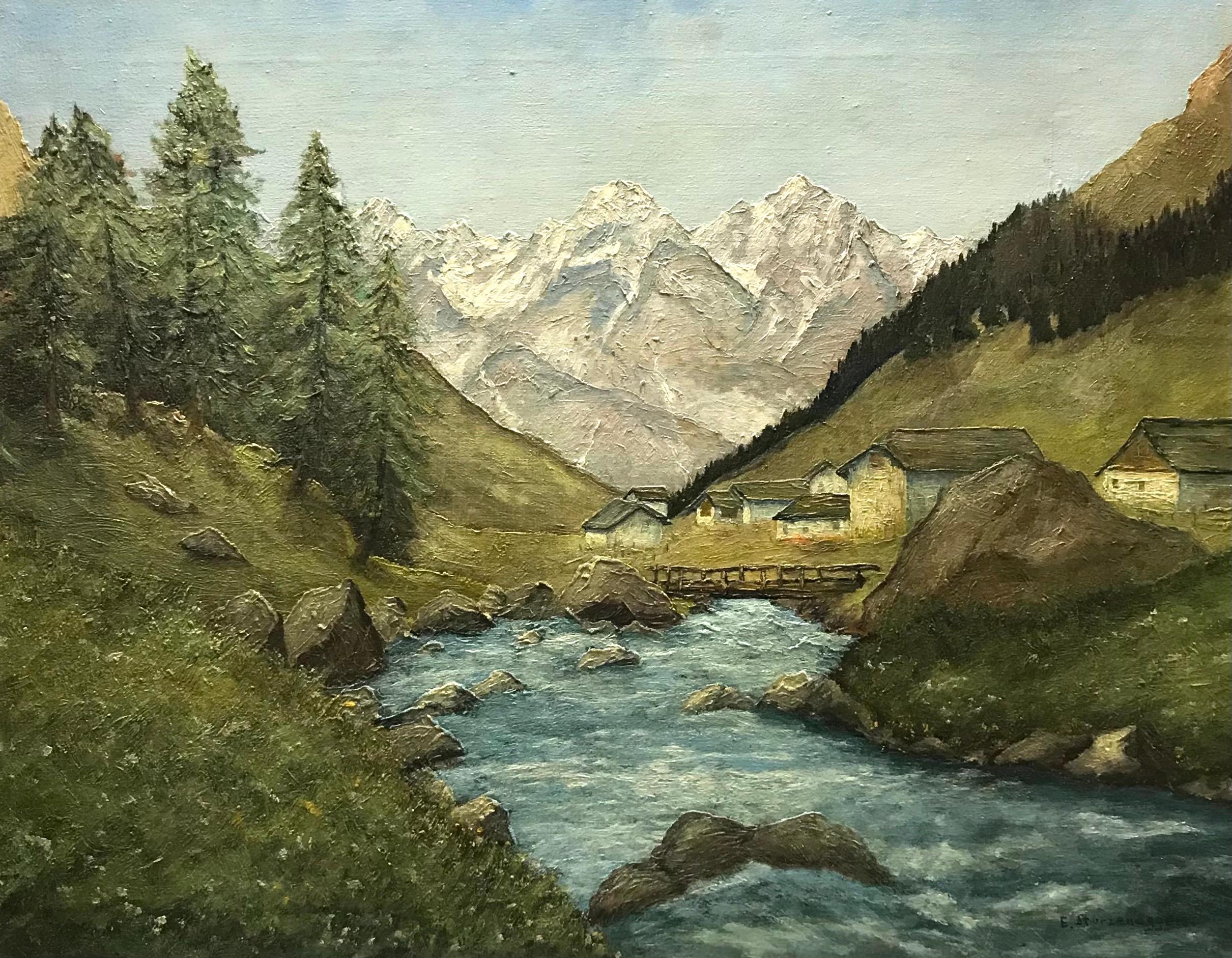 Alfred Sturzenegger Landscape Painting – Fluss des Berges von Eduard Sturzenegger - Öl auf Leinwand 55x71 cm