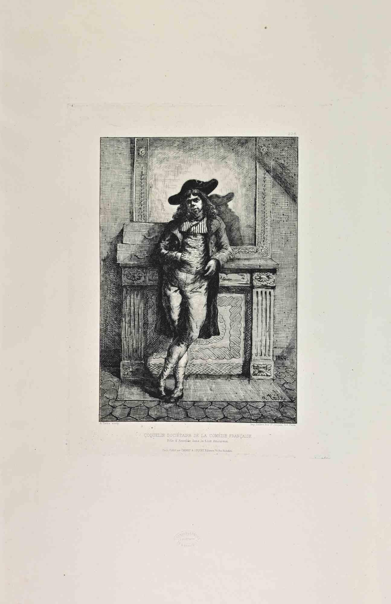 Coquelin Societaire de la Comedie Francaise is a black and White etching realized by Alfred Taiée in the 1860s. 

Titled in the lower.

Image size: 31x23.

Very good impression with wide margins and a very fresh inking.

Realized for the "Société
