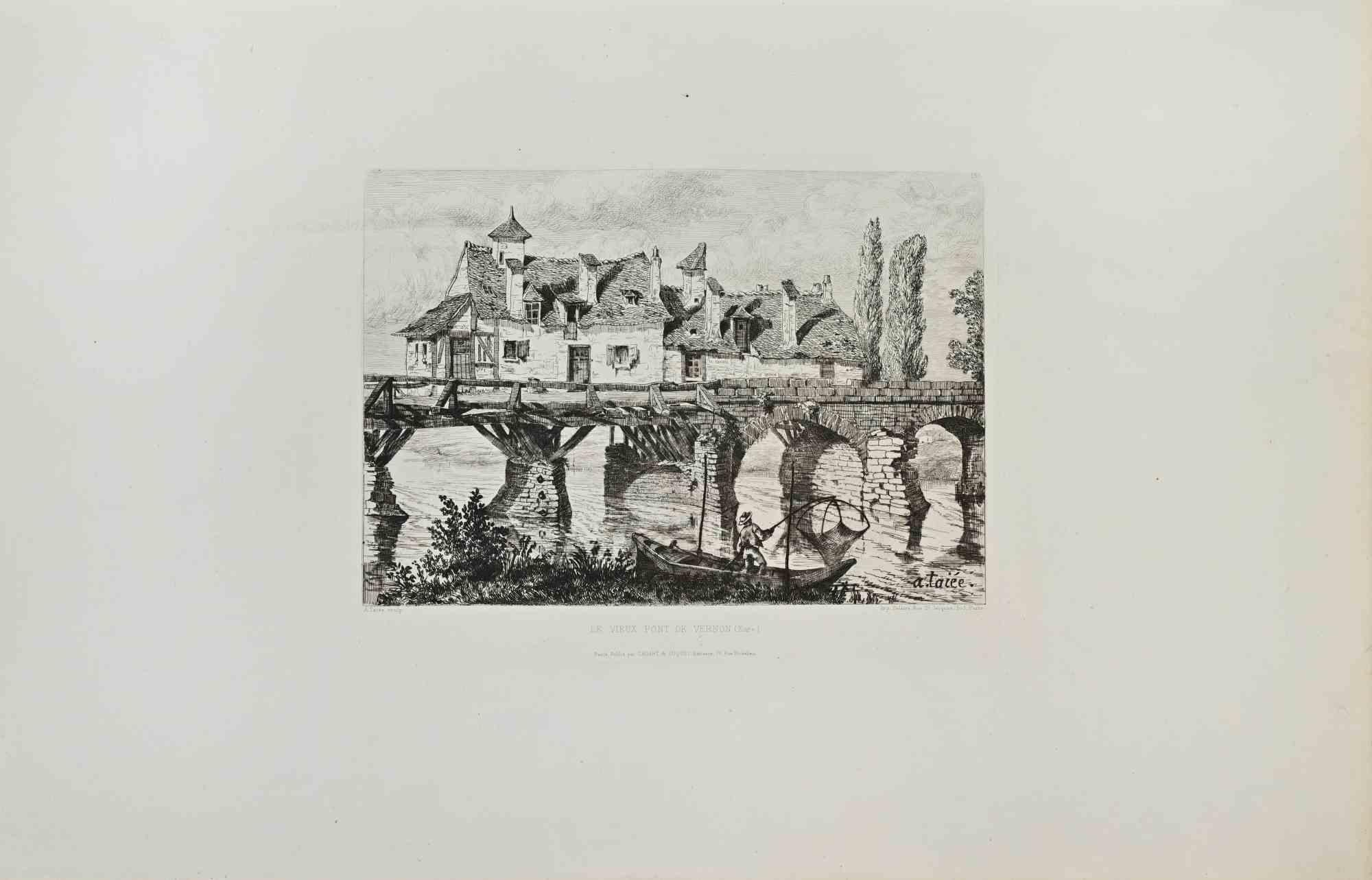 Le Vieux Pont de Vernon (Eure) - Etching by Alfred Taiée - 1875 ca.