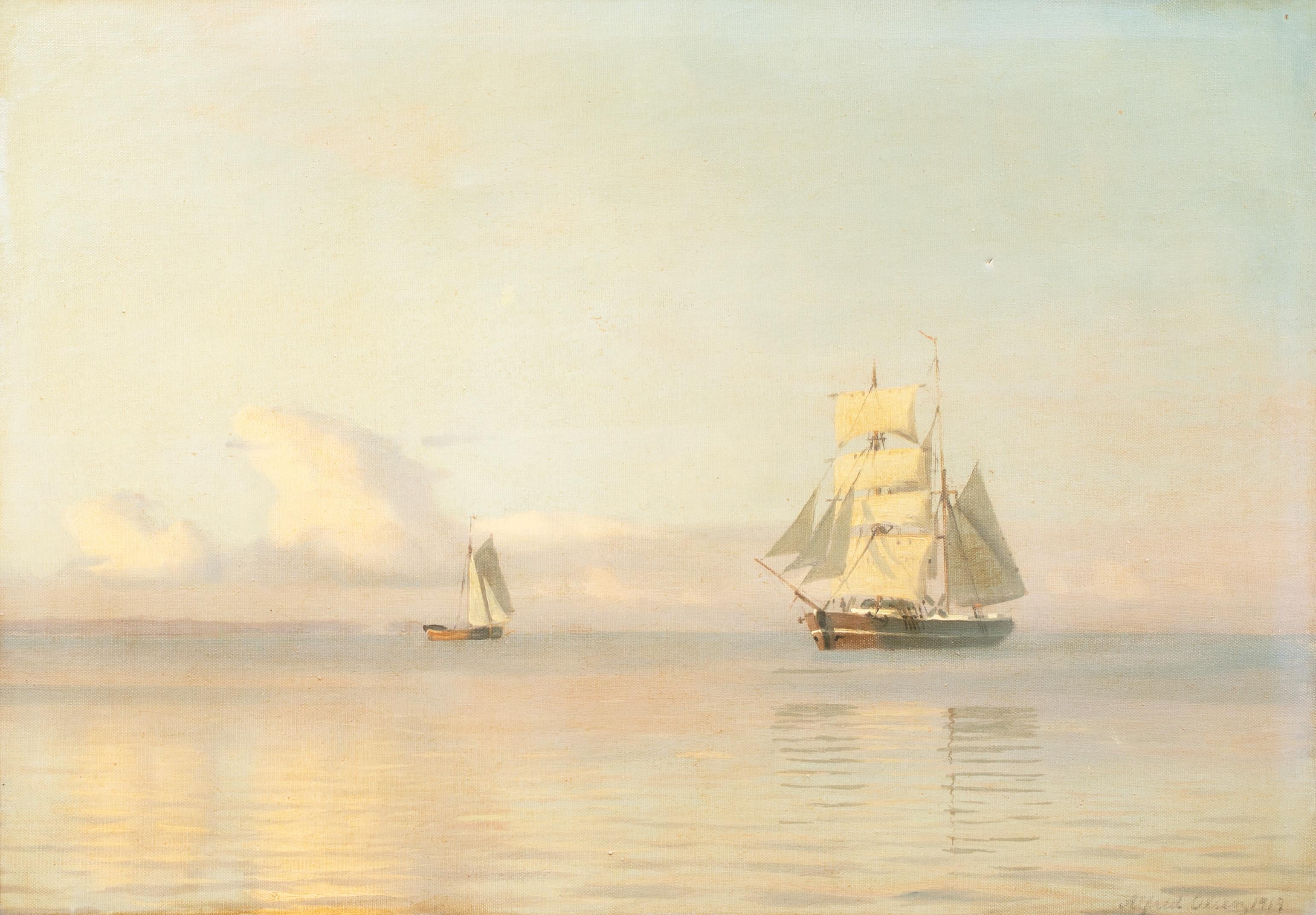 Brigantine Ship At Sunset, dated 1919 - Painting by Alfred Theodor Olson