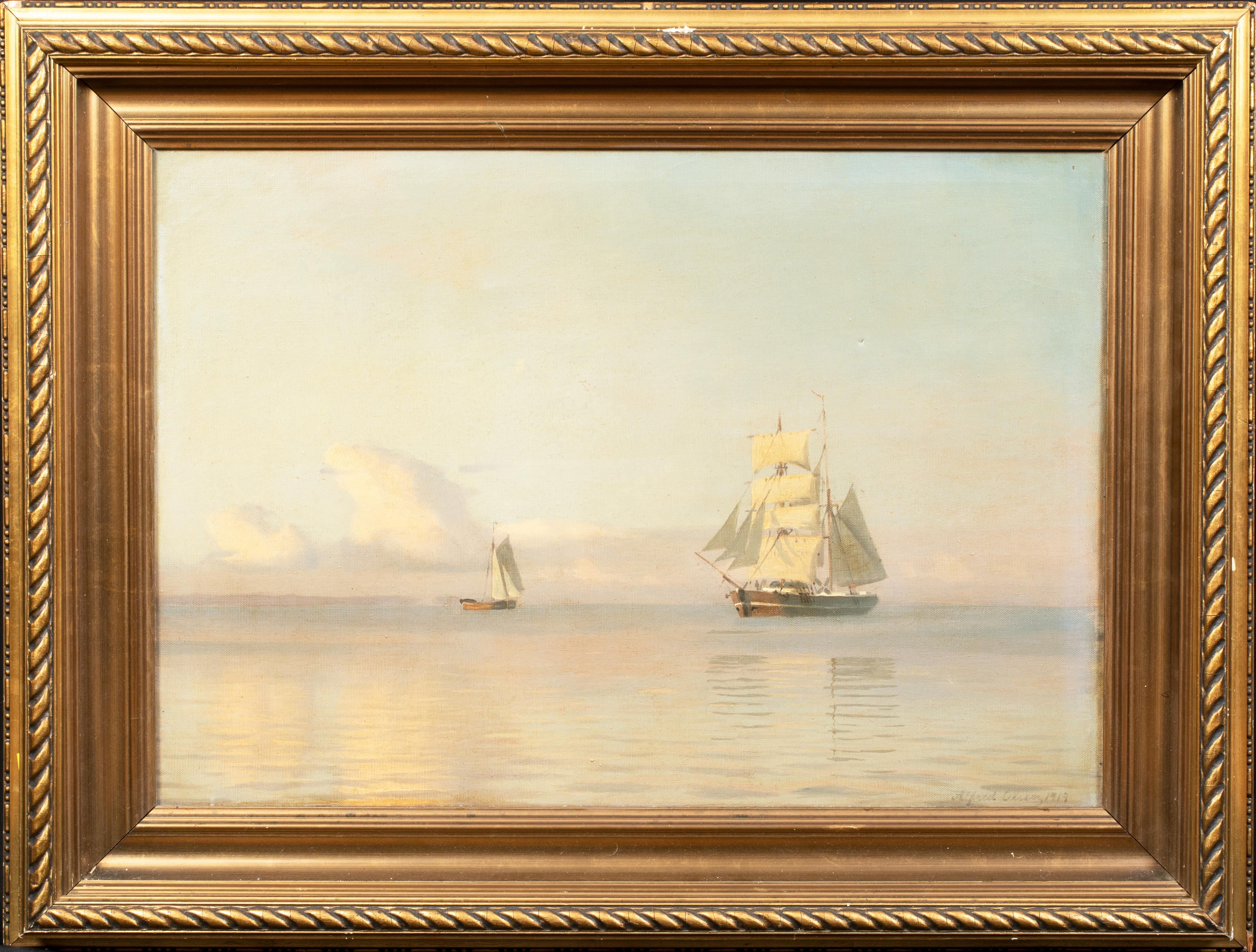 Alfred Theodor Olson Landscape Painting - Brigantine Ship At Sunset, dated 1919