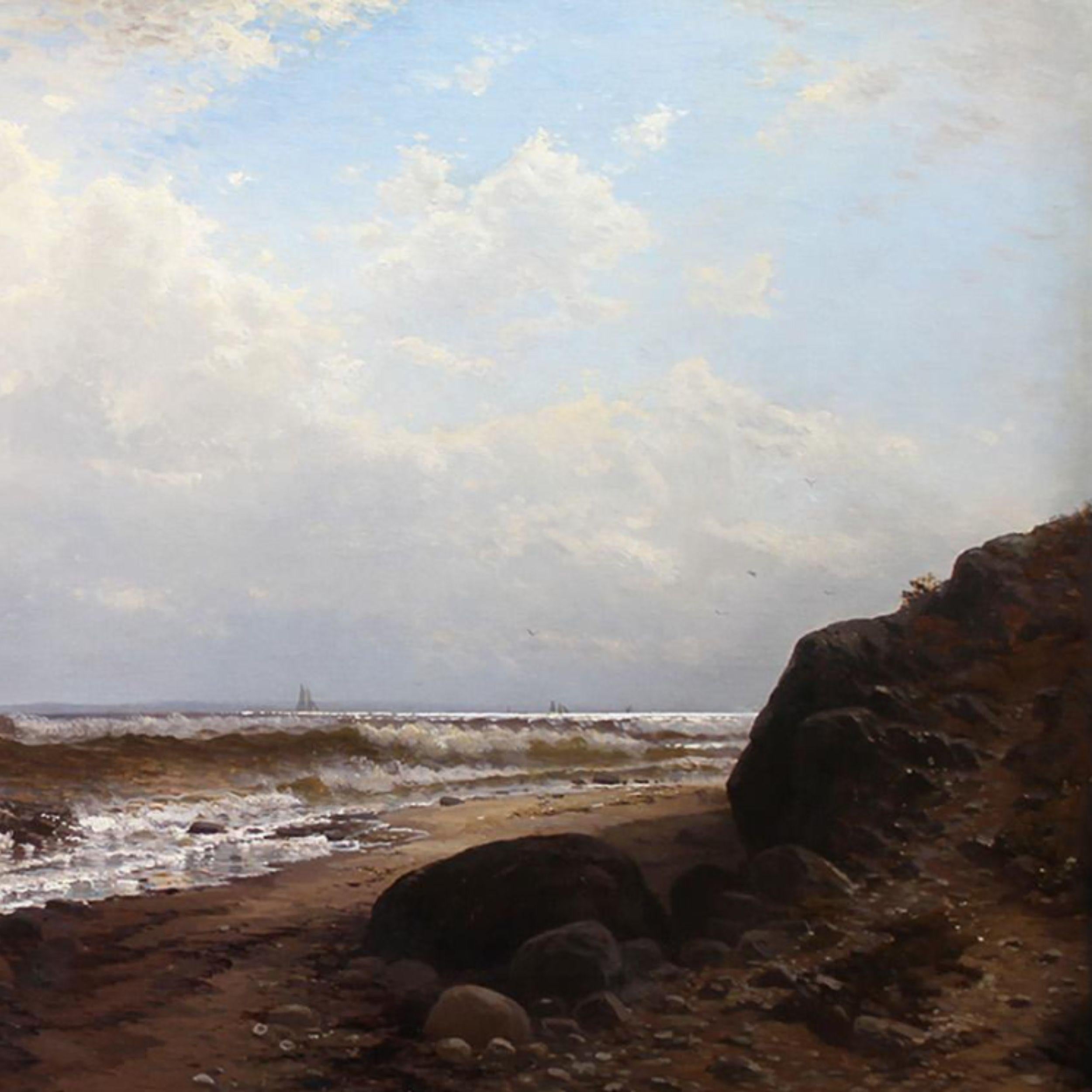 Mediodía en Point Judith, Rhode Island 1877
por Alfred T. Bricher (1837-1908)
Medio	Aceite
Detalle Medio	Óleo sobre lienzo
Dimensiones	25 x 50 pulgadas; Enmarcado: 40 x 65 pulgadas
Lugar Firmado	Firmado y fechado, abajo a la izquierda
Fecha de