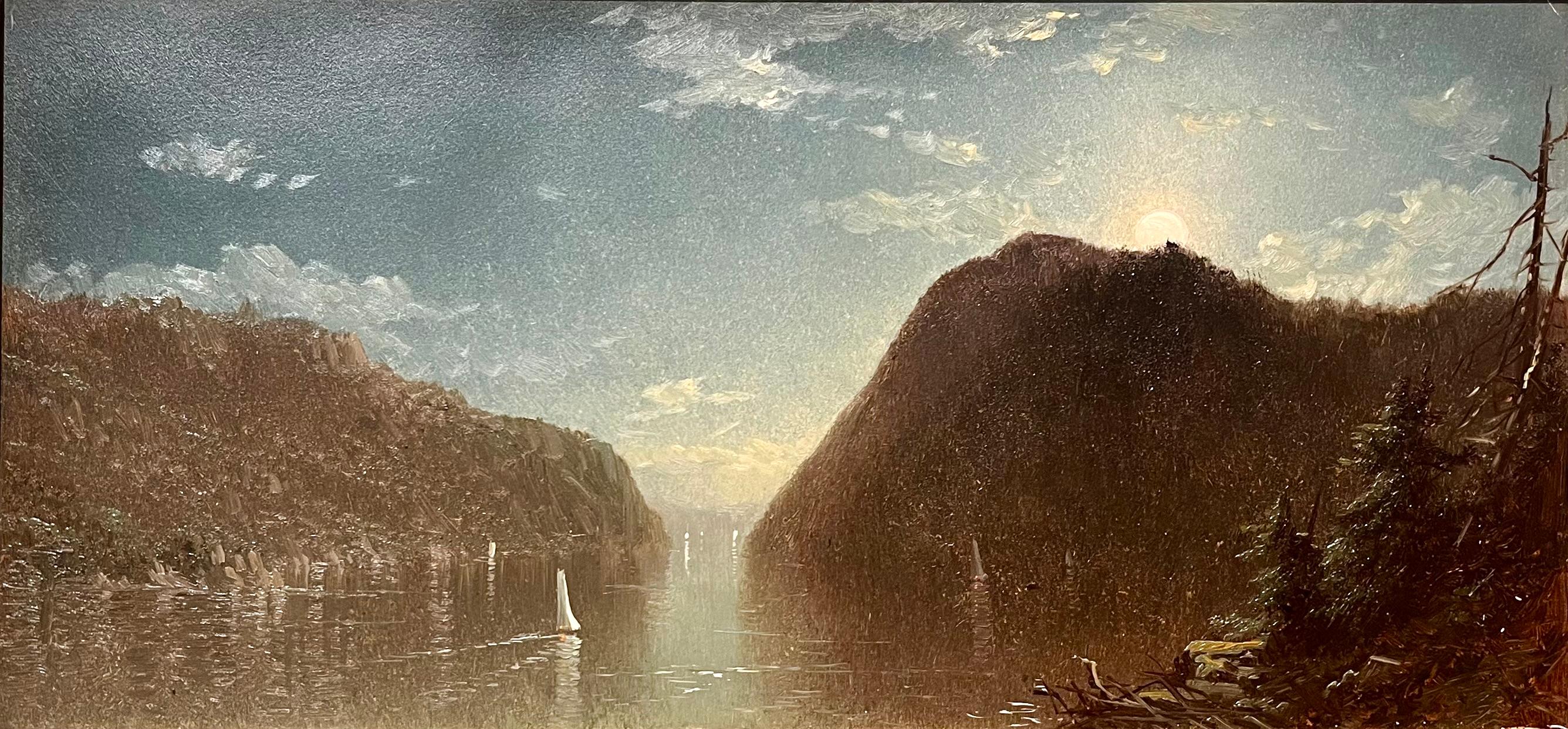 Landscape Painting de Alfred Thompson Bricher - Paisaje acuático al óleo con montañas
