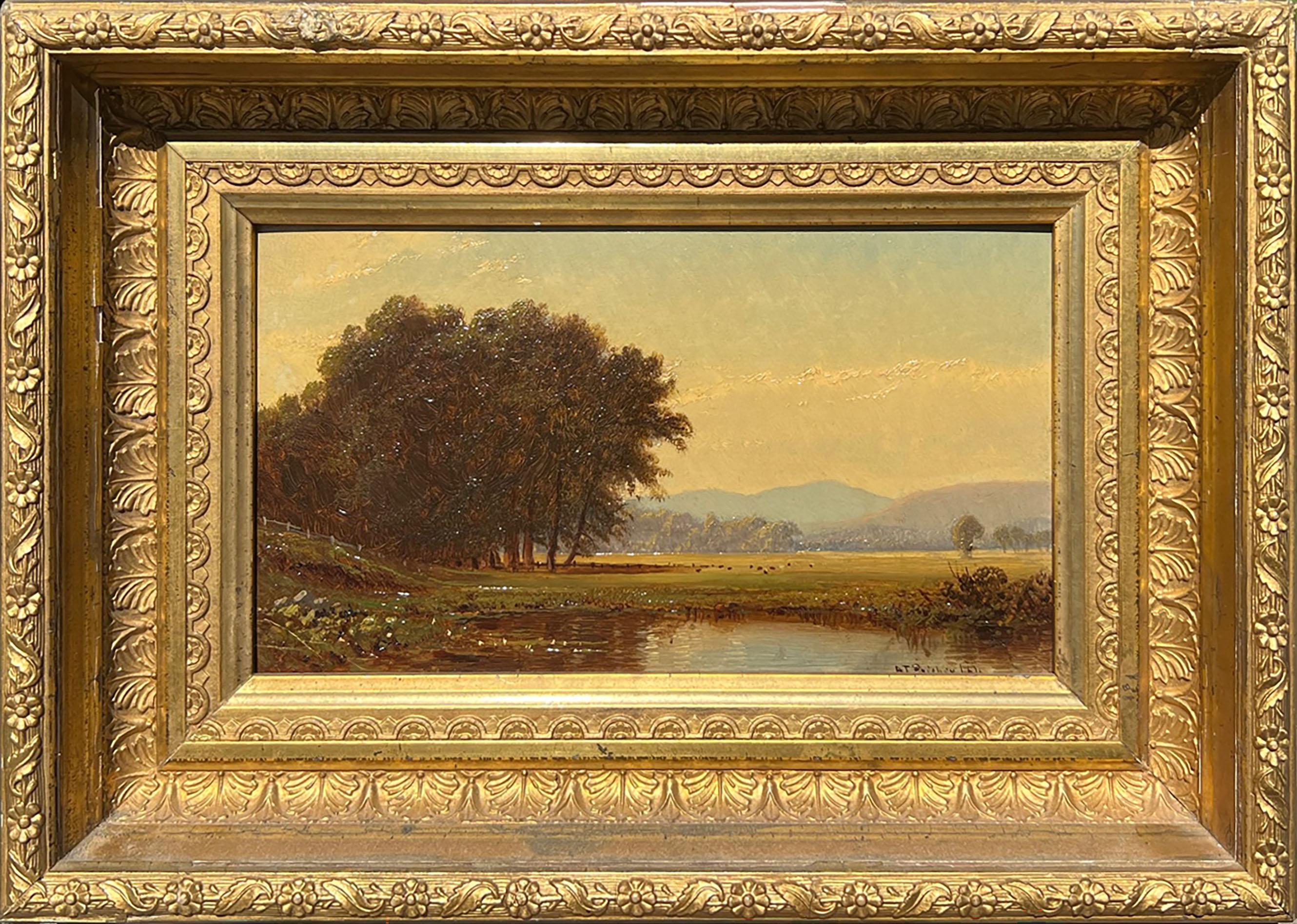 "Scene in the White Mountains" by Hudson River School artist Alfred Thompson Bricher (1837-1908) is oil on panel and measures 5.5 x 9.75 inches. The painting is signed and dated 1864 at lower right. The work is in a beautiful, period appropriate
