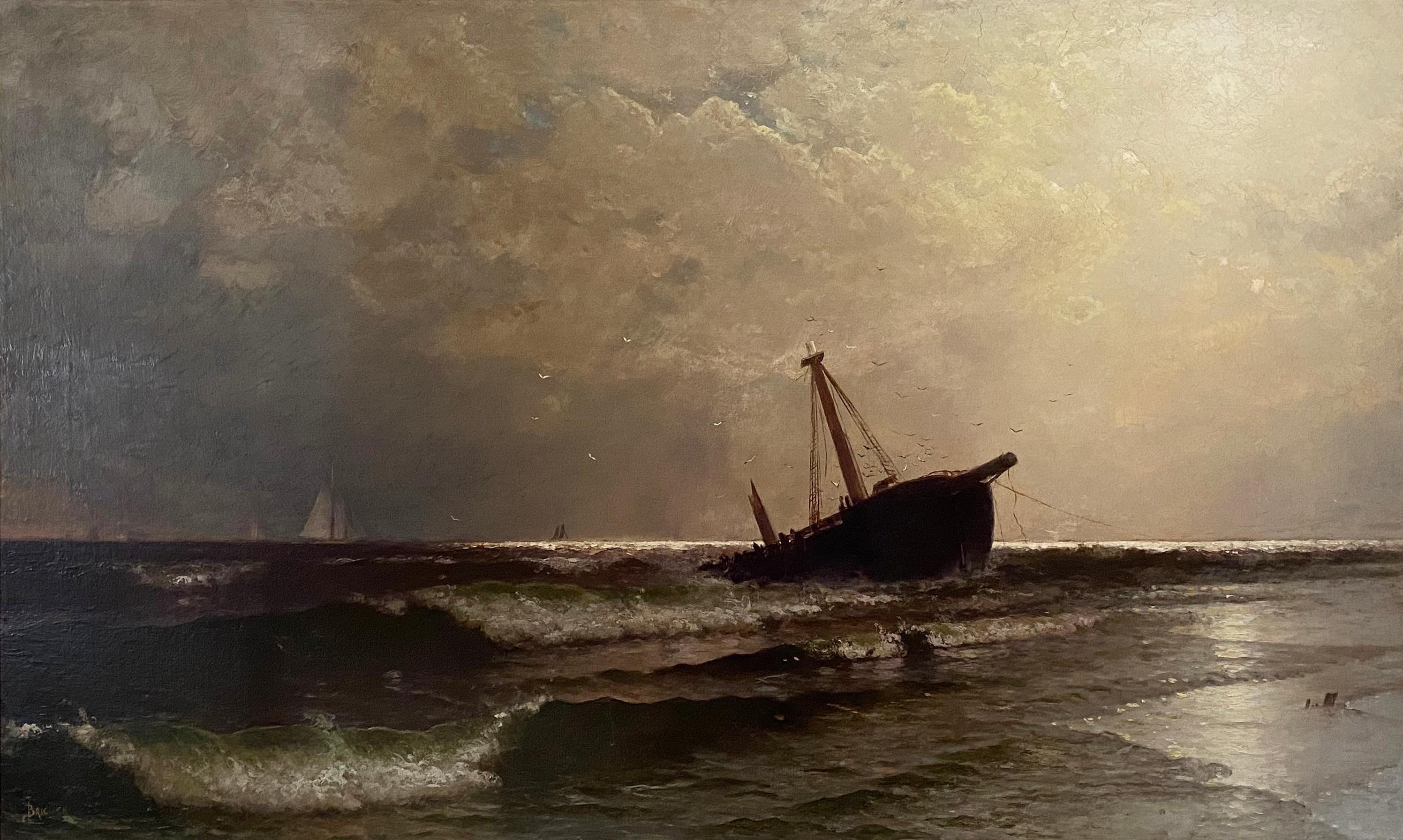 Sous un ciel divisé, paysage marin de naufrage - Hudson River School Painting par Alfred Thompson Bricher